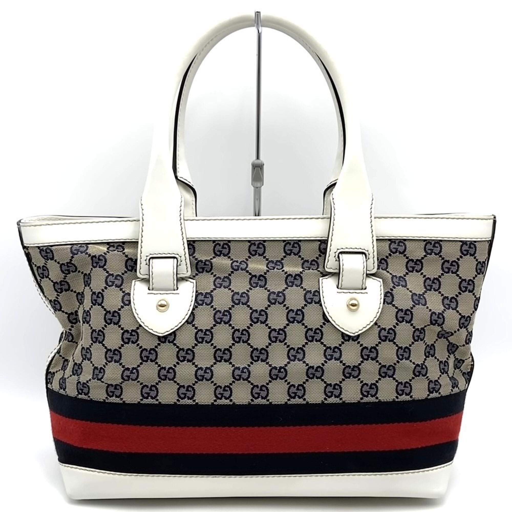 Gucci Beige Navy White Gg Canvas Tote Bag (Pre-Owned)