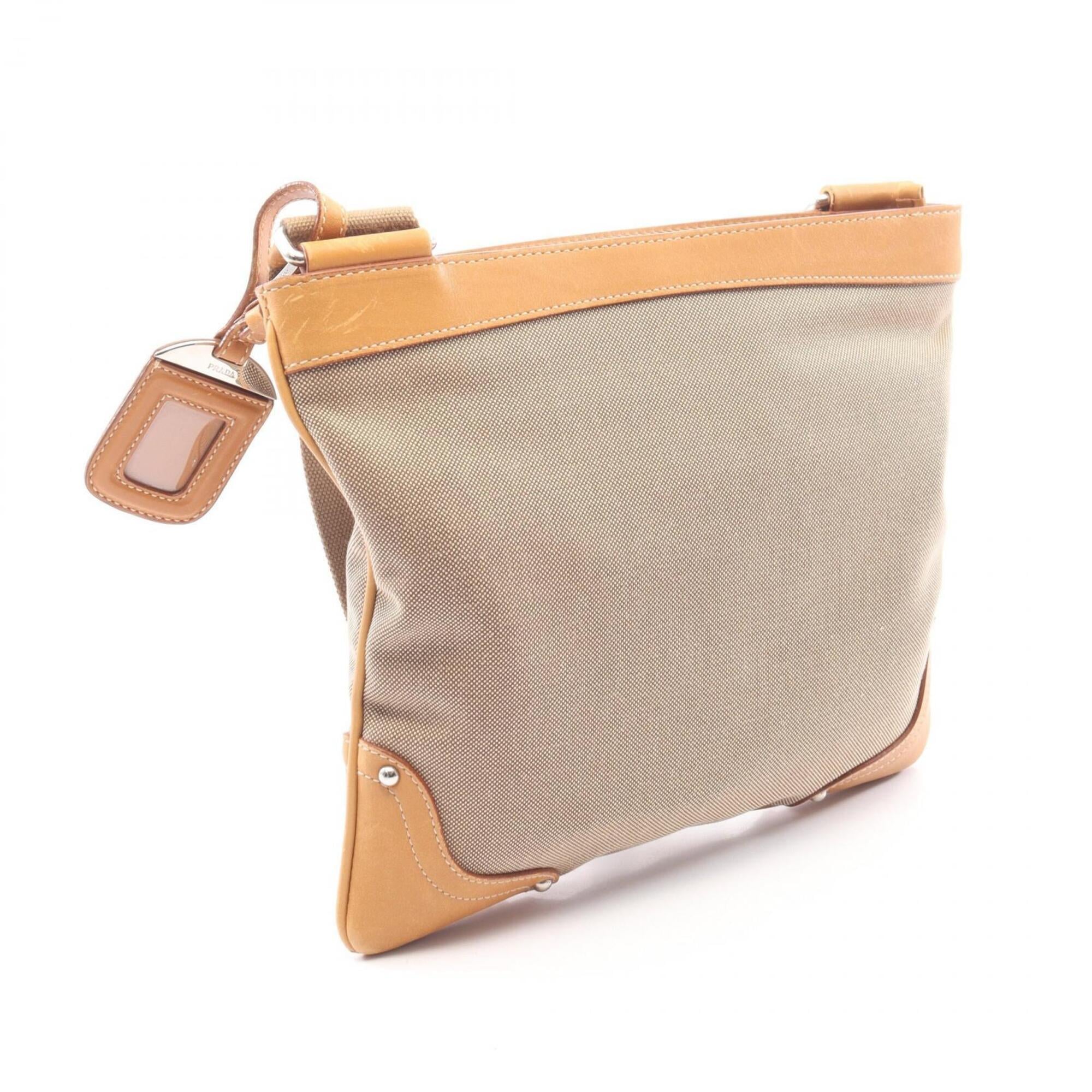 Prada Beige Brown Canvas Leather Handbag Shoulder Bag (Pre-Owned)