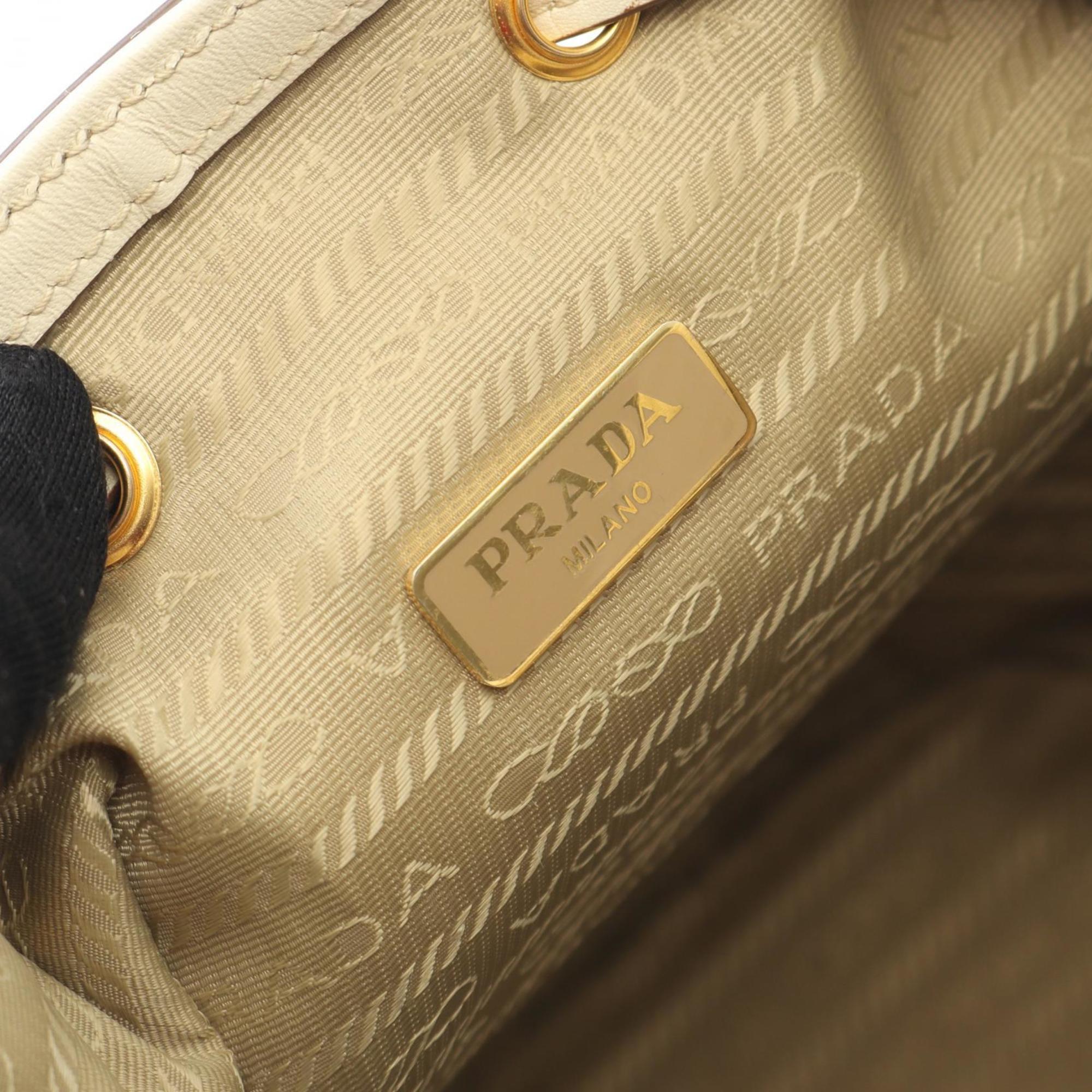 Prada Beige White Canvas Leather Handbag (Pre-Owned)