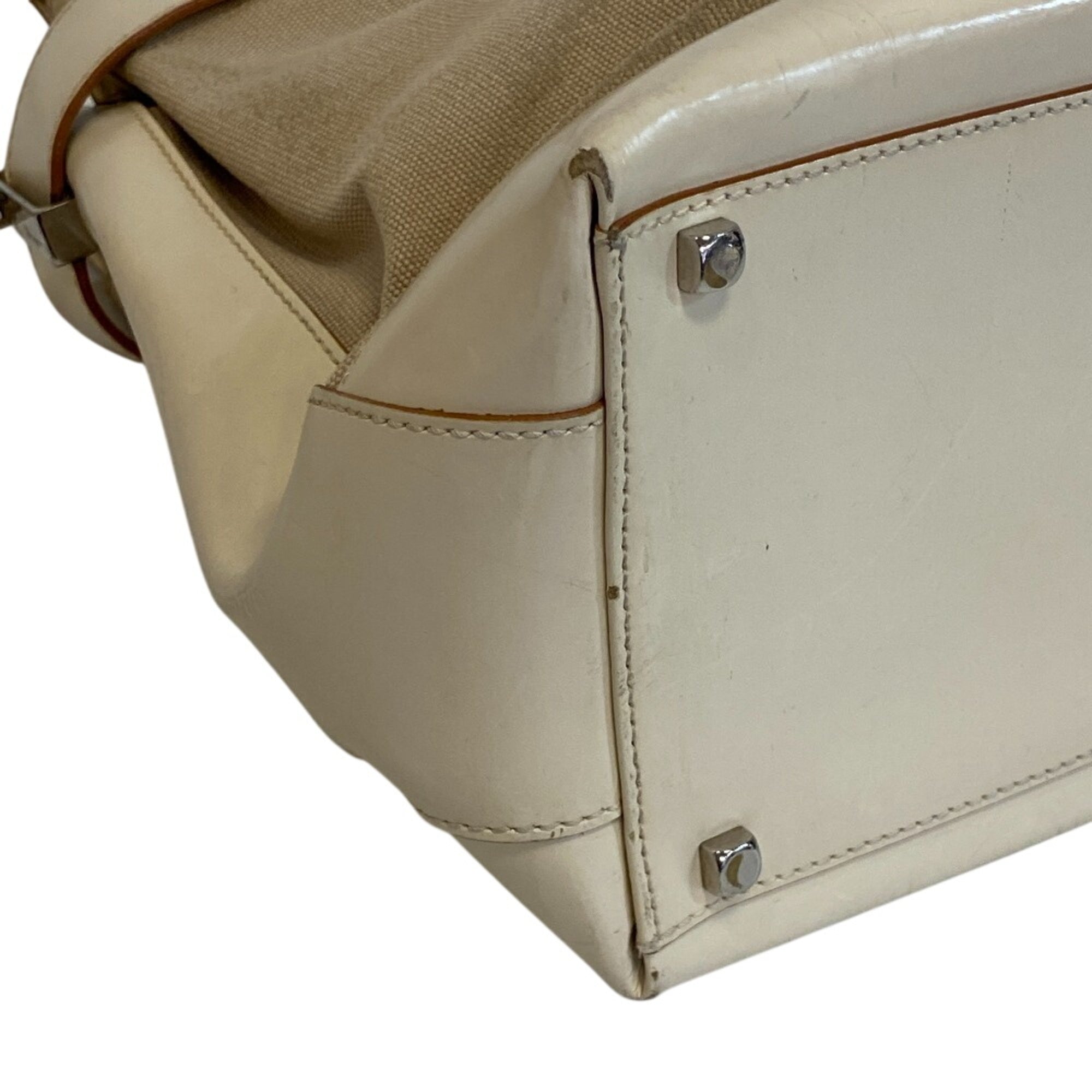 Salvatore Ferragamo Beige White Canvas Leather Handbag Shoulder Bag (Pre-Owned)