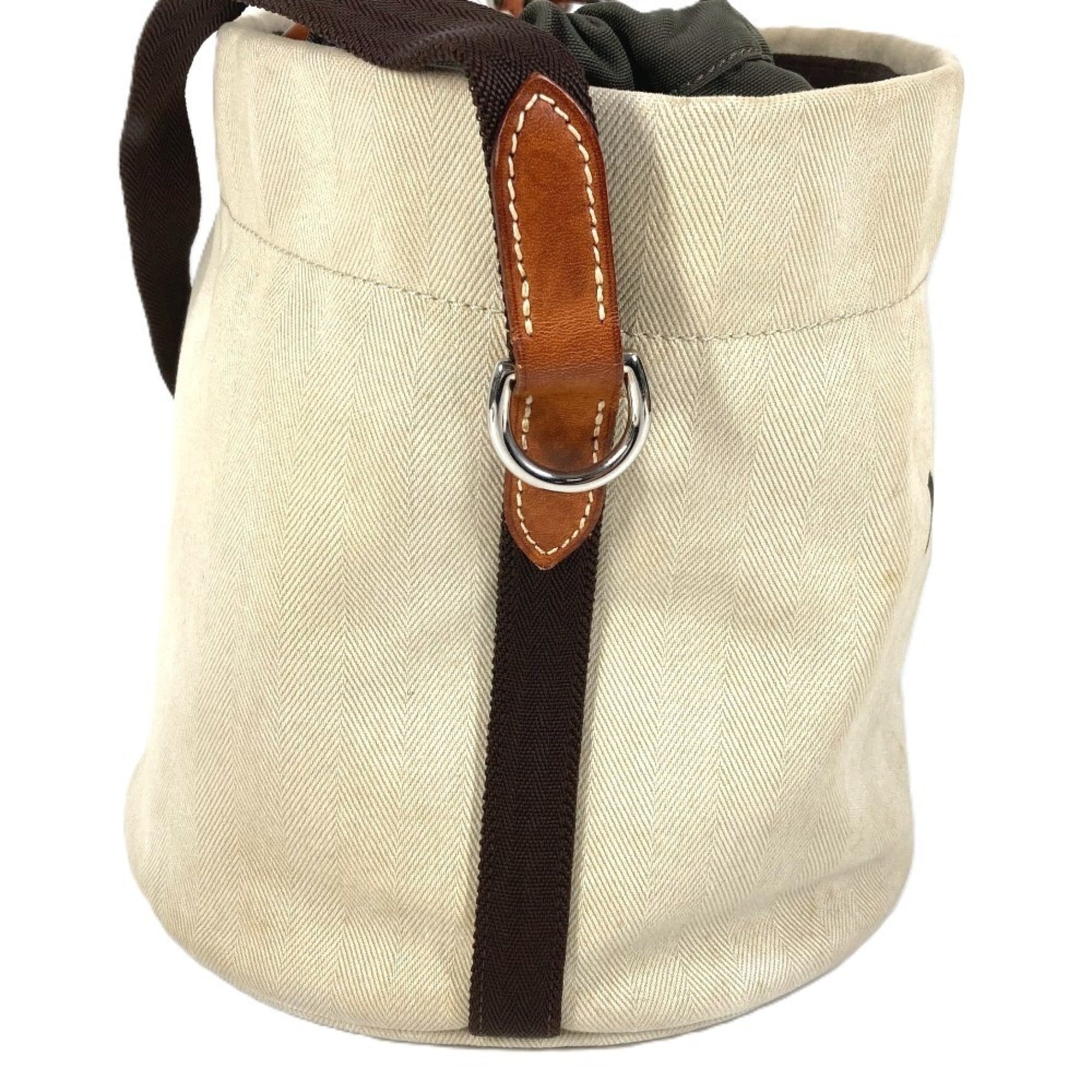 Hermes Beige Leather Canvas Handbag Shoulder Bag (Pre-Owned)