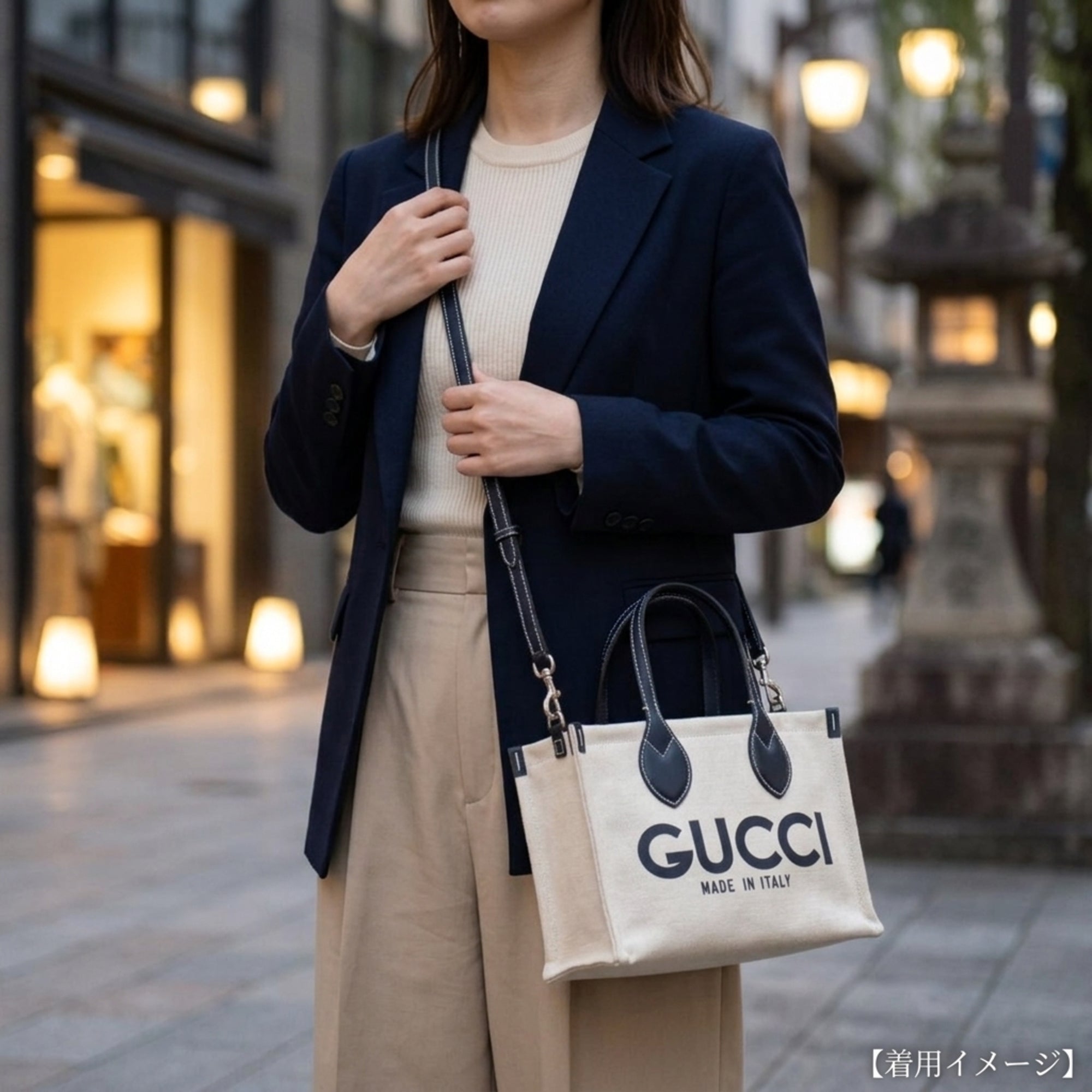 Gucci Beige Navy Canvas Leather Handbag Shoulder Bag (Pre-Owned)