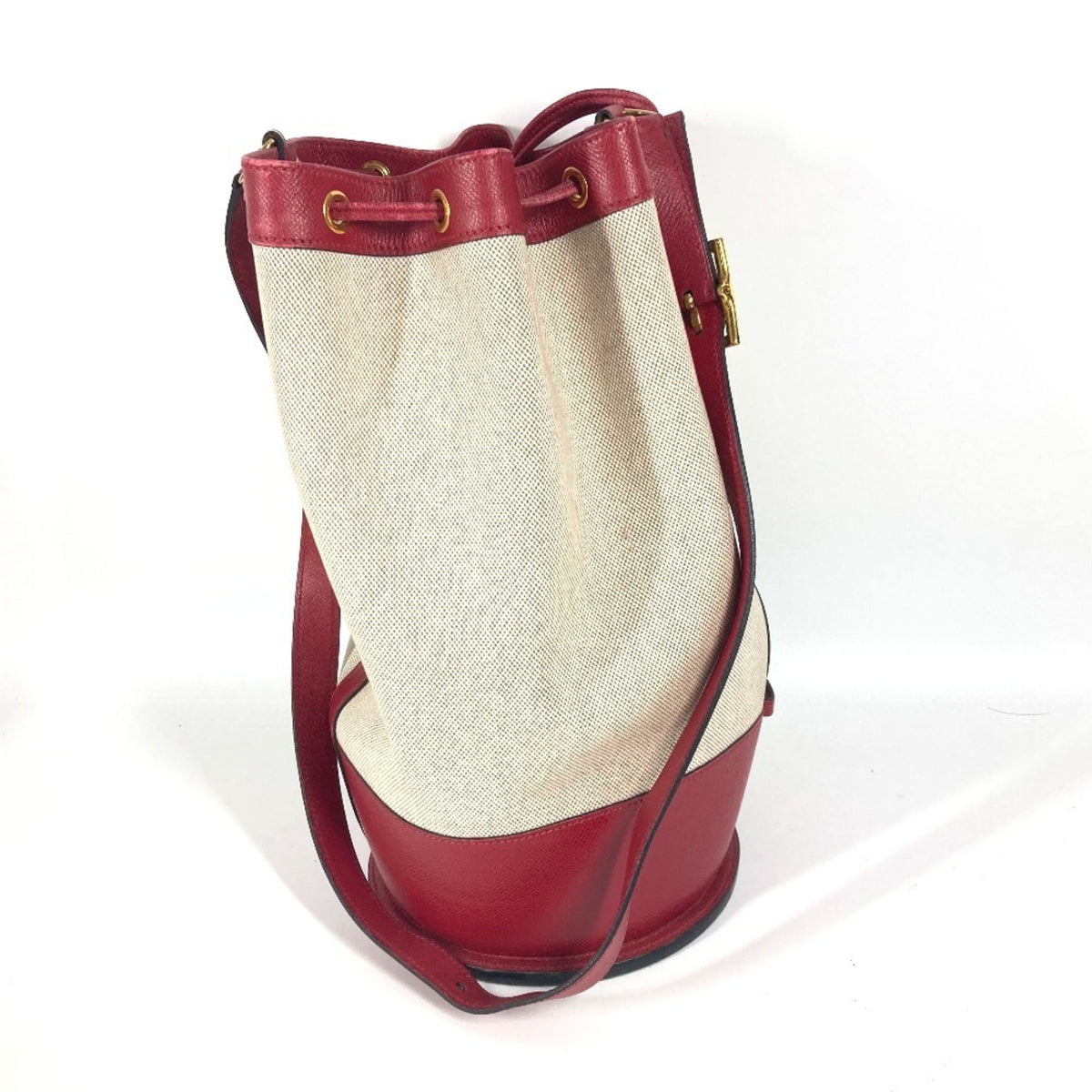 Hermes Beige Red Color Leather Canvas Shoulder Bag (Pre-Owned)