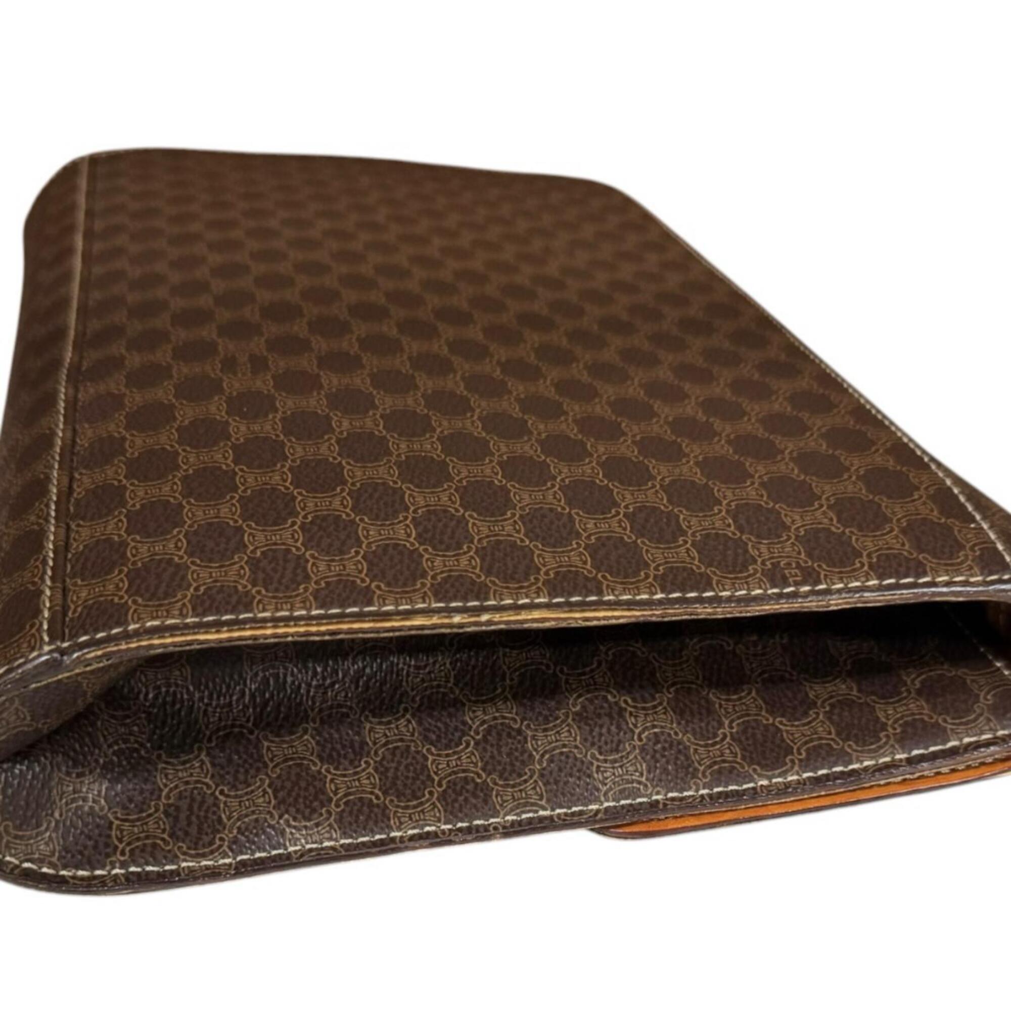Celine Brown Coated Canvas Leather Clutch Bag Shoulder Bag (Pre-Owned)