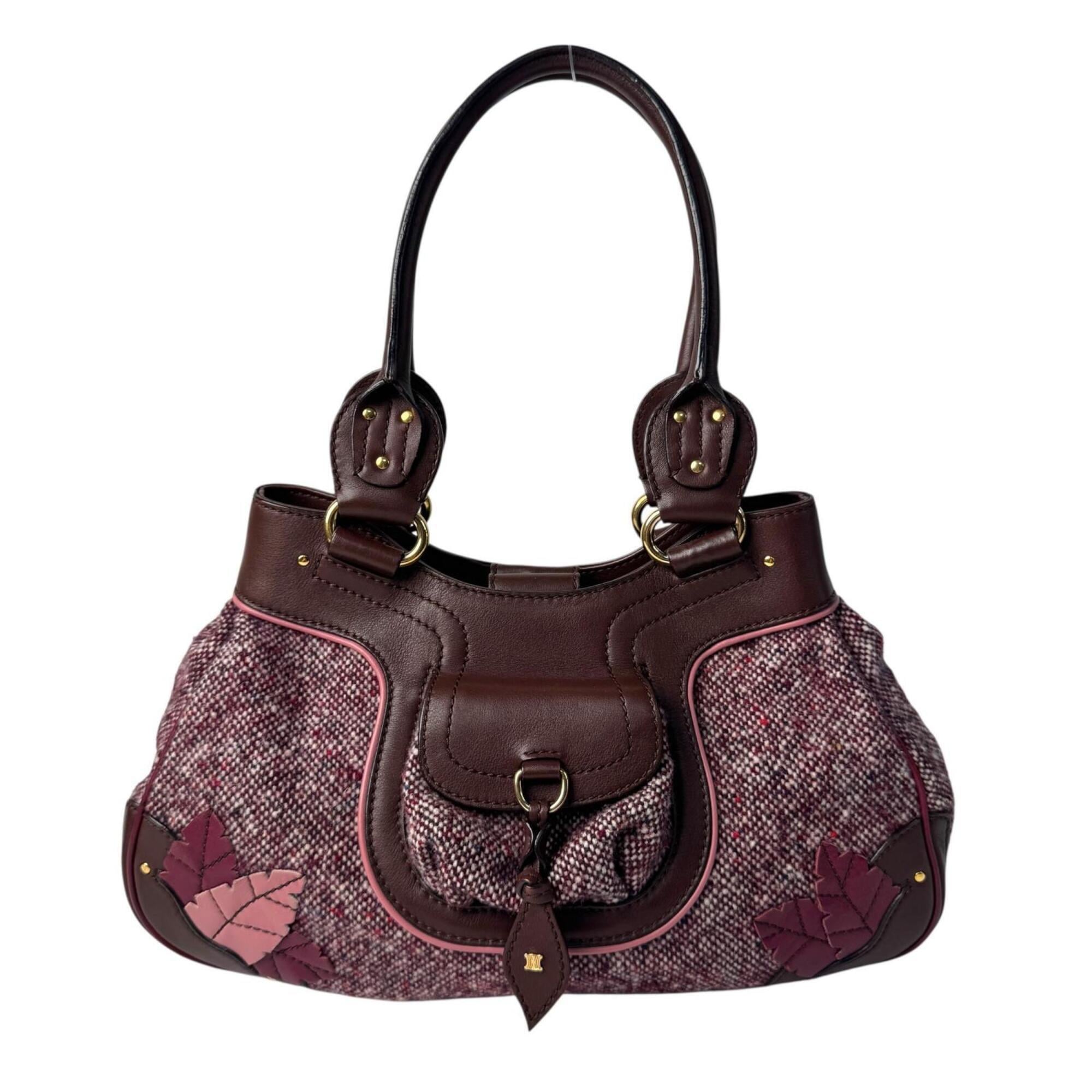 Celine Bordeaux Brown Pink Tweed Leather Handbag (Pre-Owned)