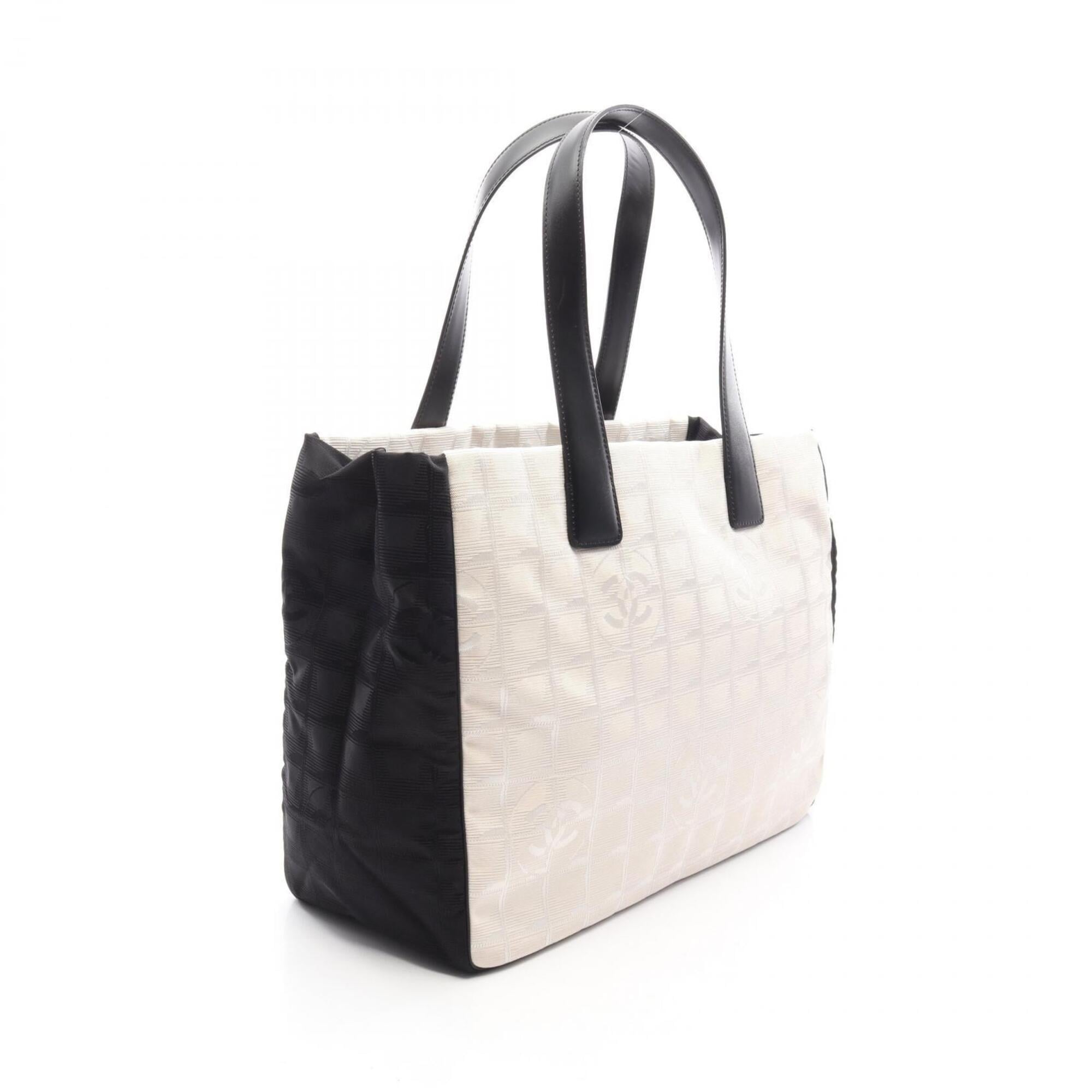Chanel Black White Leather Nylon Canvas Handbag Tote Bag (Pre-Owned)