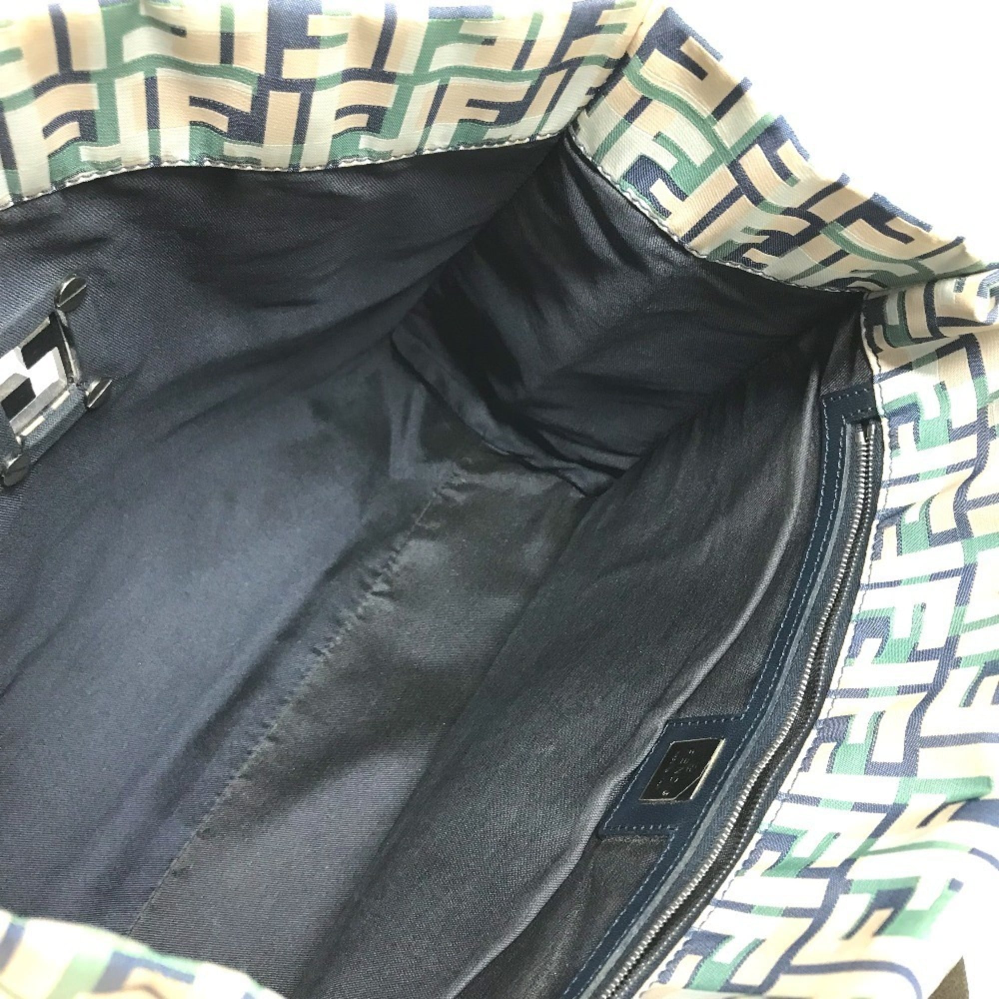 Fendi Beige Blue Green Leather Canvas Shoulder Bag Tote Bag (Pre-Owned)