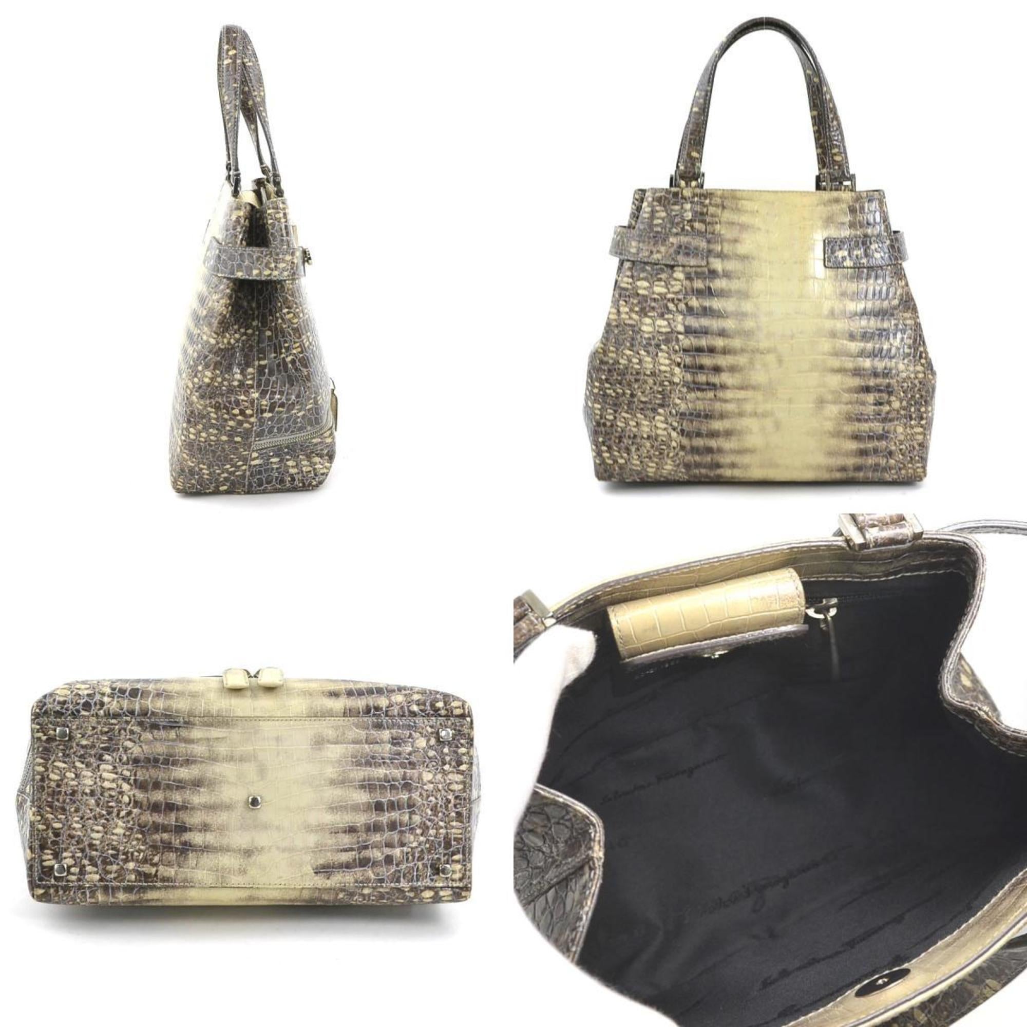 Salvatore Ferragamo Beige Gray Leather Handbag (Pre-Owned)