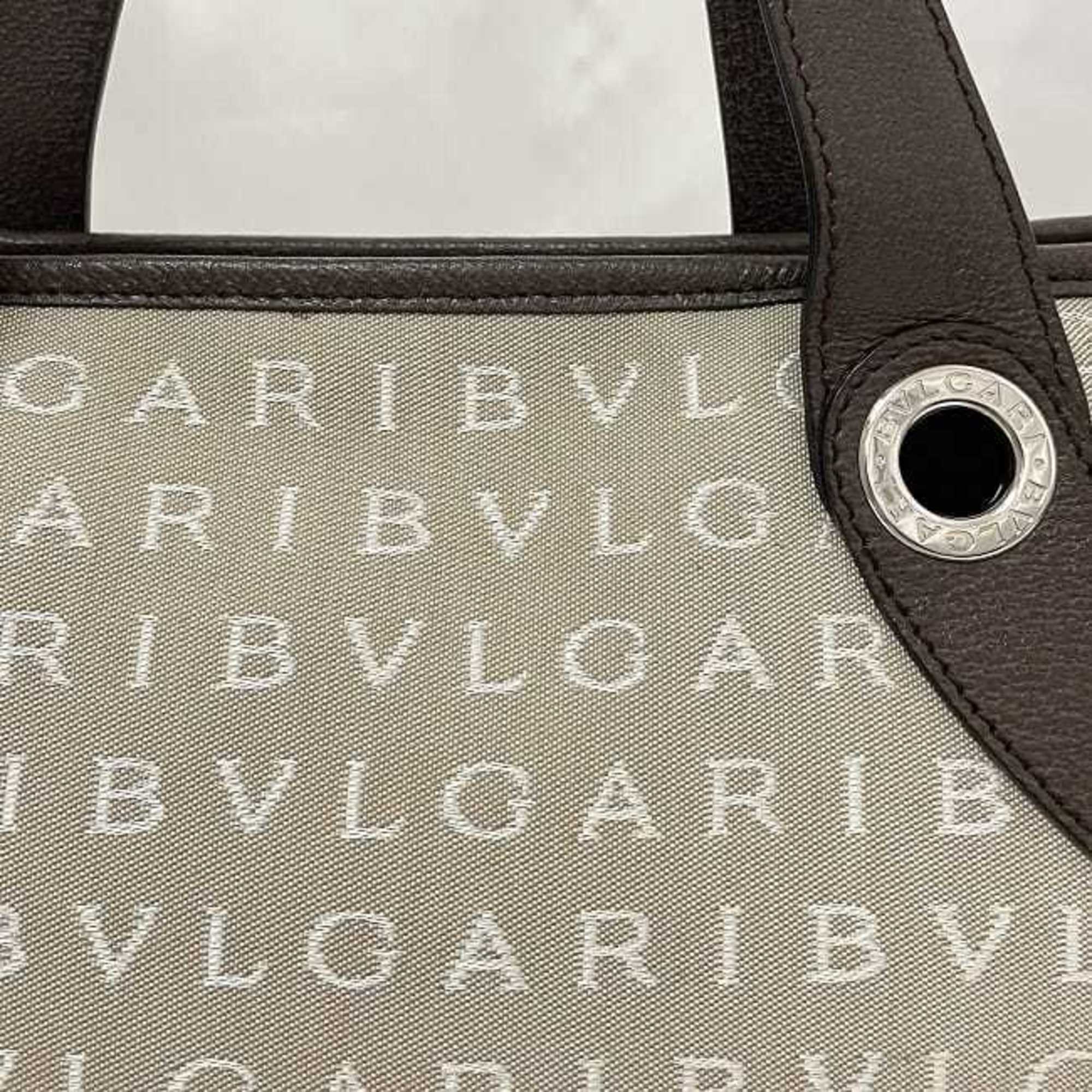 Bvlgari Beige Brown Canvas Leather Tote Bag (Pre-Owned)