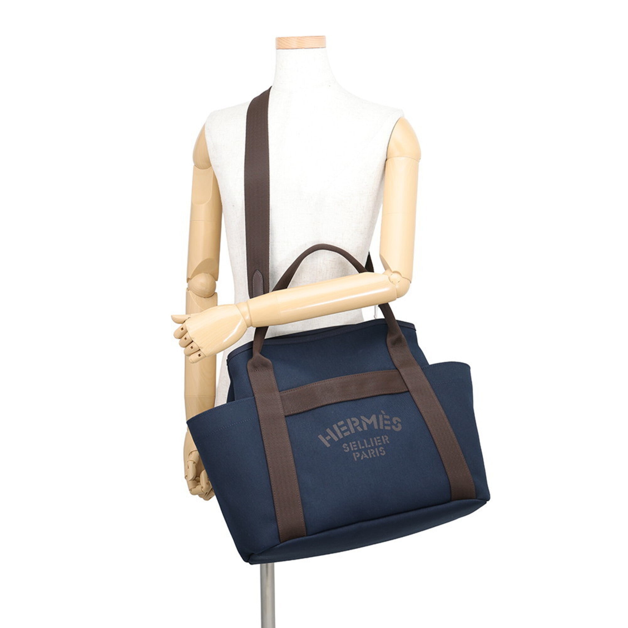 Hermes Kara Feu Navy Toile Chevron Canvas Handbag (Pre-Owned)