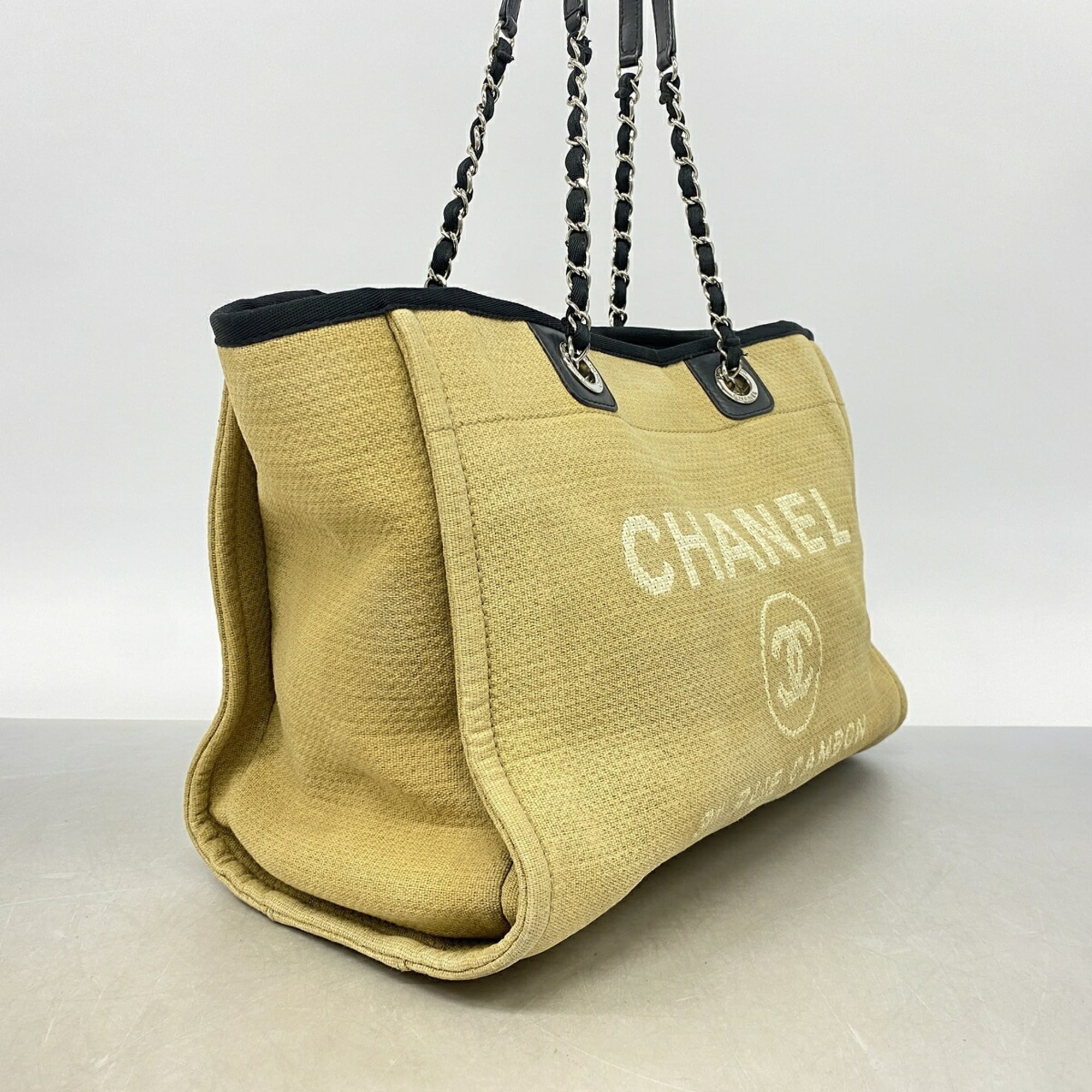 Chanel Beige Black Canvas Tote Bag (Pre-Owned)