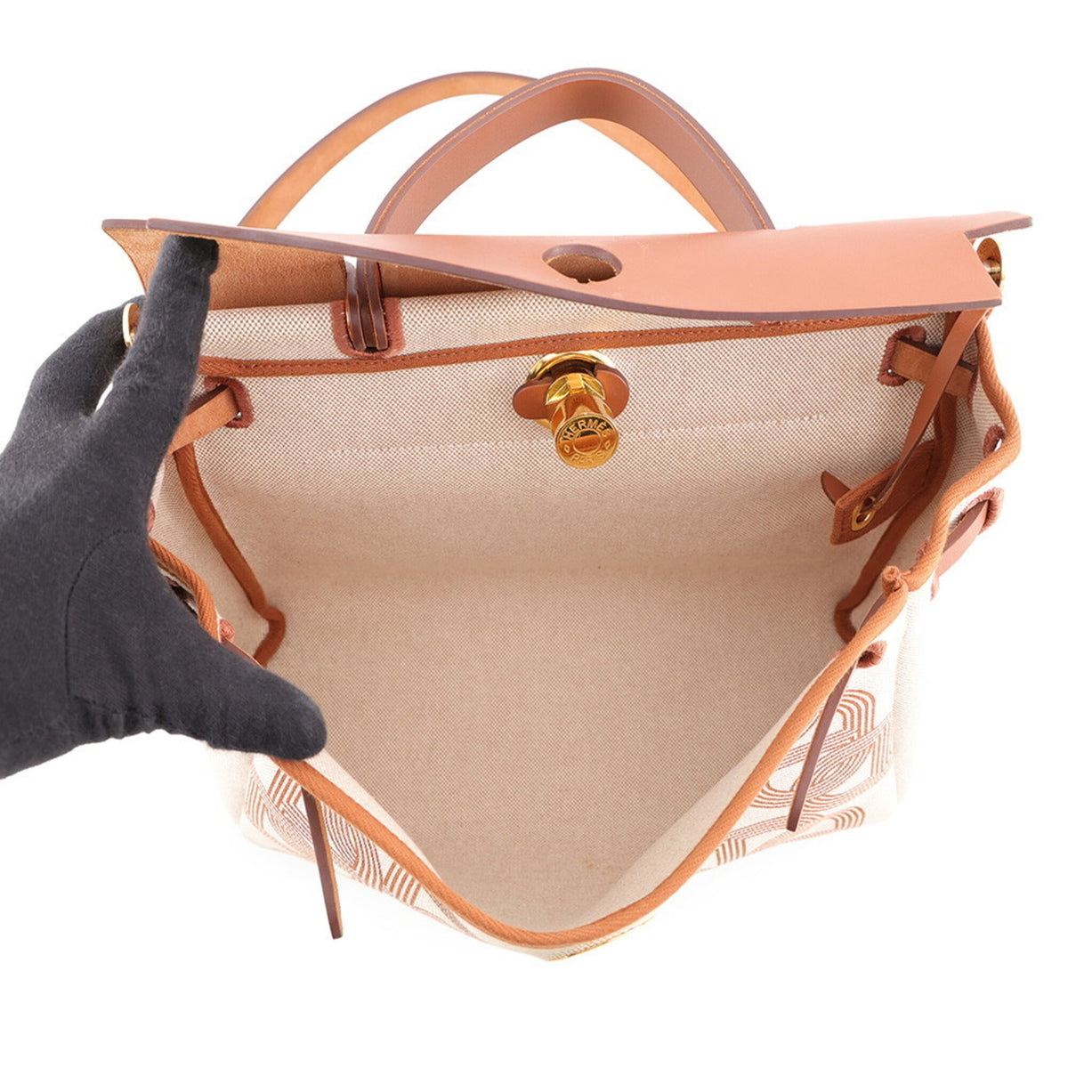Hermes Beige Brown Ecru Toile H Leather Handbag (Pre-Owned)