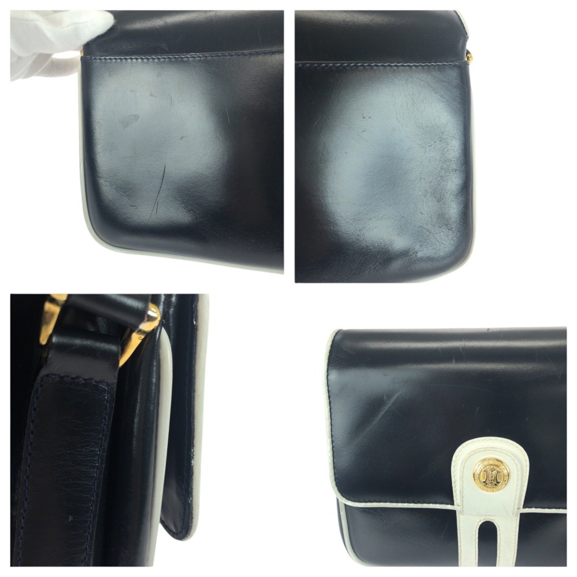 Celine Navy White Leather Pochette Shoulder Bag (Pre-Owned)