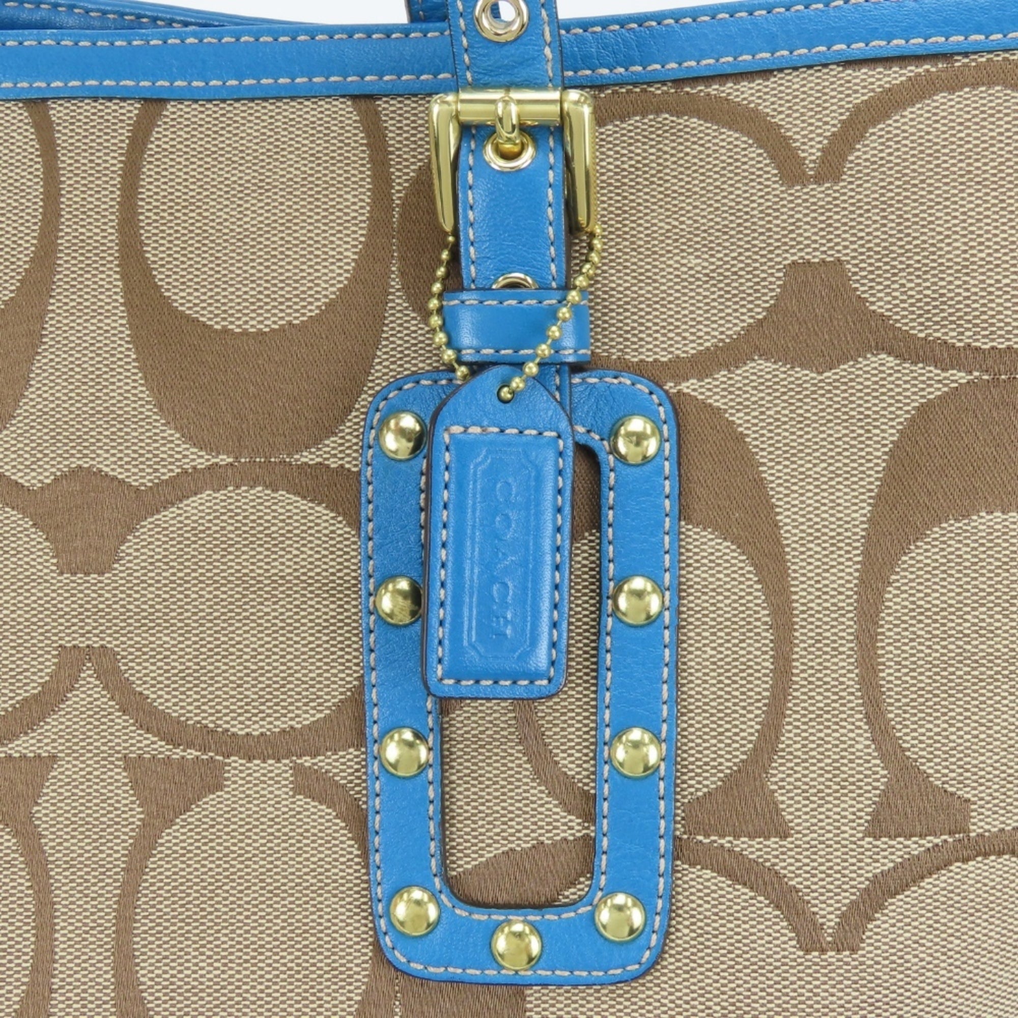 Coach Signature Blue Brown Canvas Leather Tote Bag (Pre-Owned)