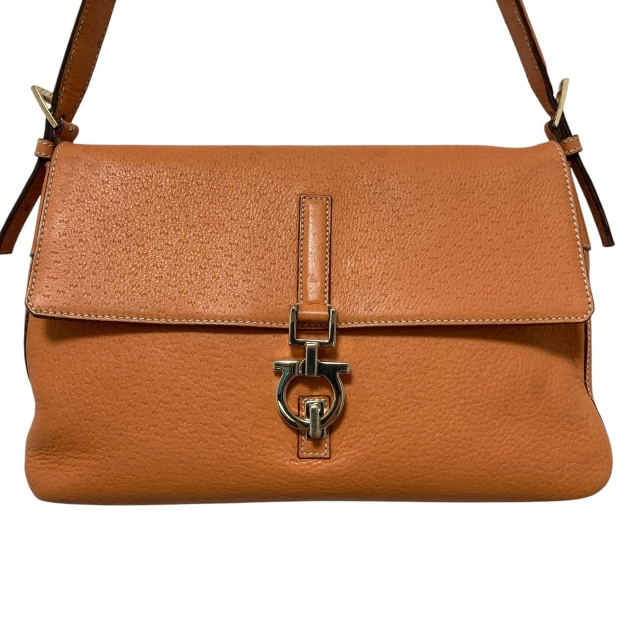 Salvatore Ferragamo Gancini Orange Leather Shoulder Bag (Pre-Owned)