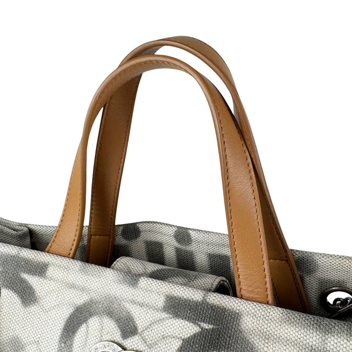 Chanel Brown Gray Ivory Canvas Leather Handbag Shoulder Bag (Pre-Owned)