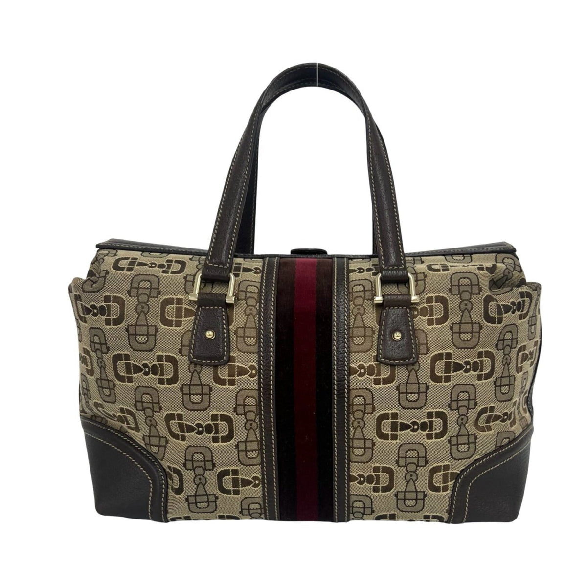 Gucci Brown Red Color Canvas Leather Handbag Tote Bag (Pre-Owned)
