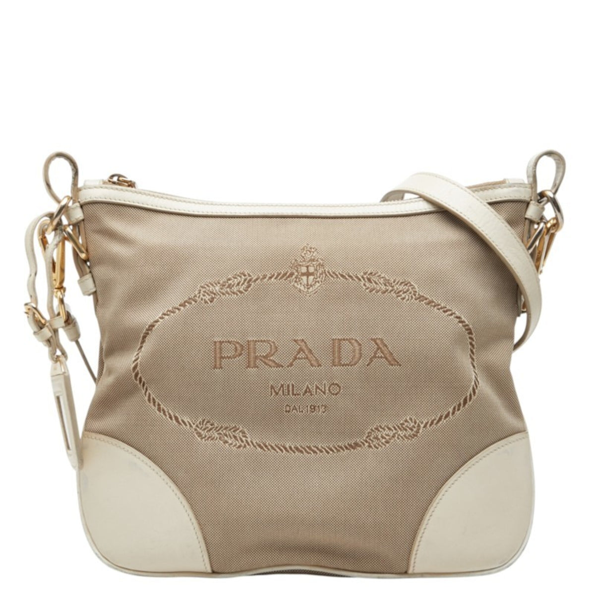 Prada Beige White Canvas Leather Shoulder Bag (Pre-Owned)