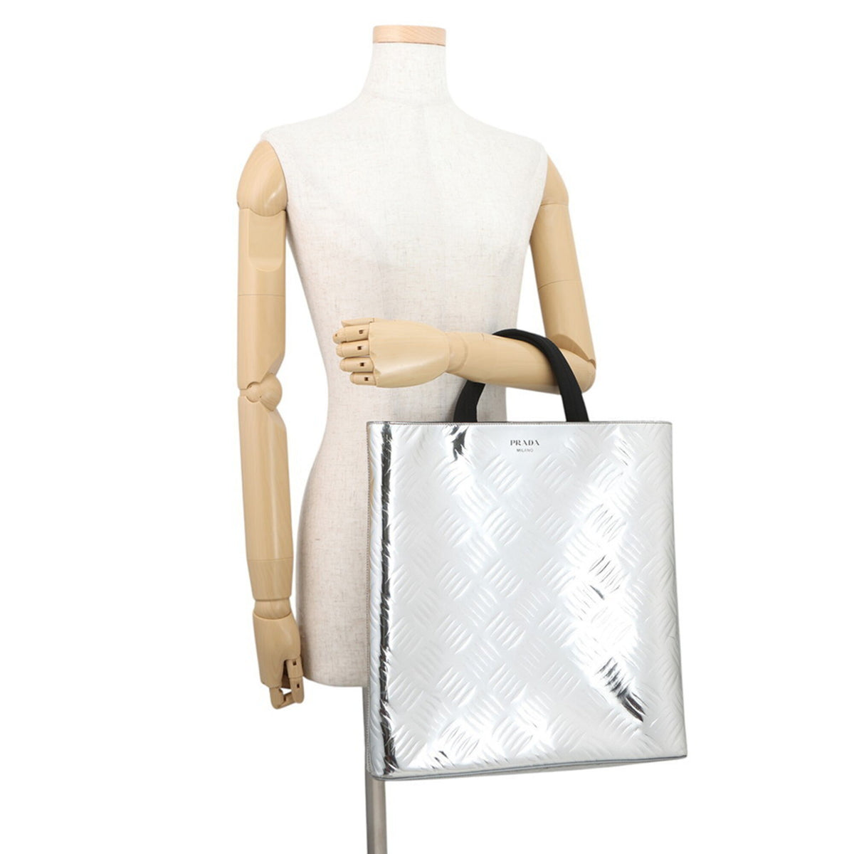 Prada Silver Canvas Leather Handbag Shopping Bag Tote Bag (Pre-Owned)