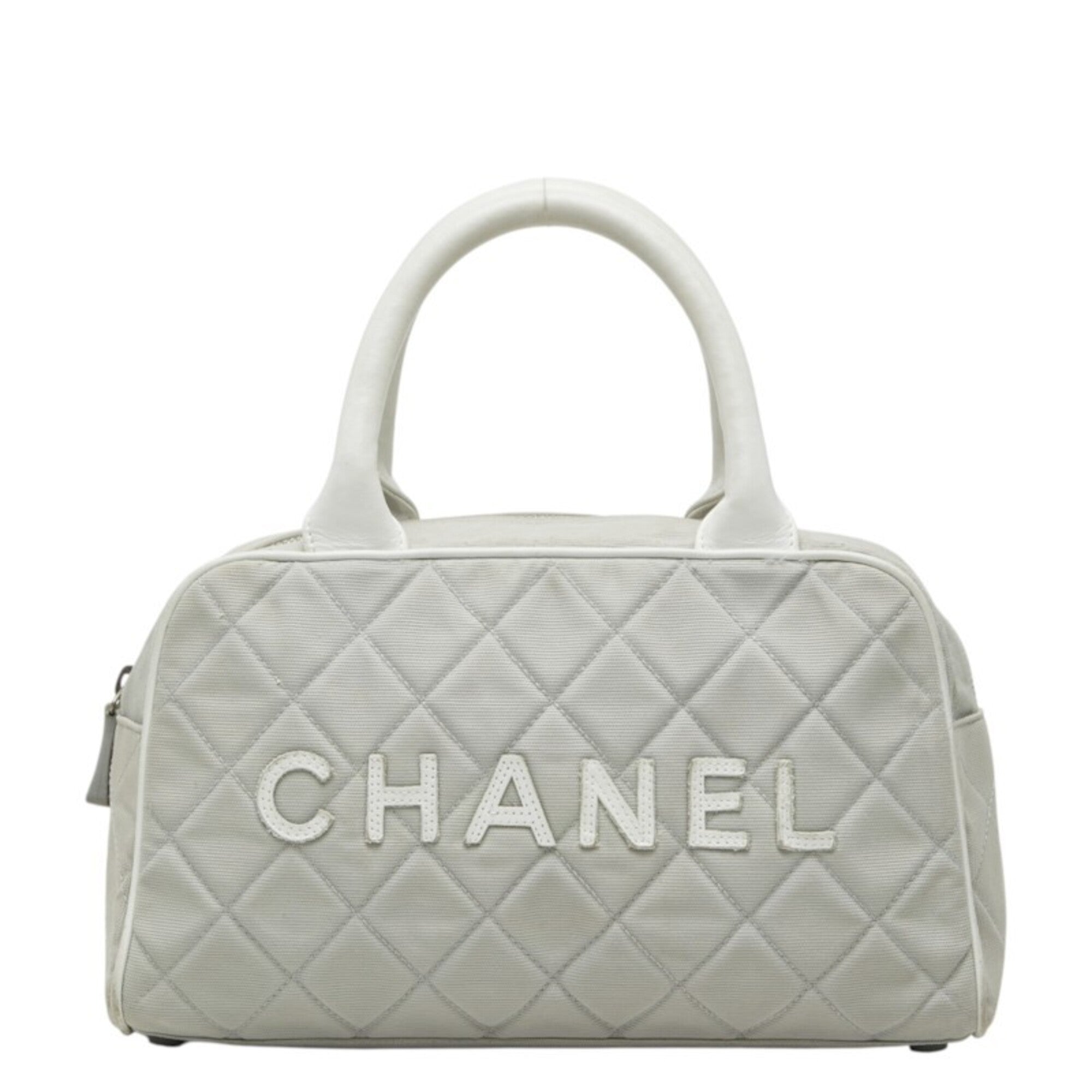 Chanel Gray White Canvas Leather Boston Bag (Pre-Owned)
