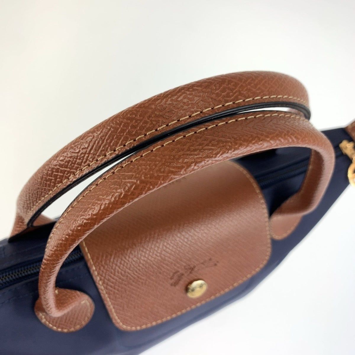 Longchamp Brown Navy Nylon Leather Shoulder Bag Tote Bag (Pre-Owned)