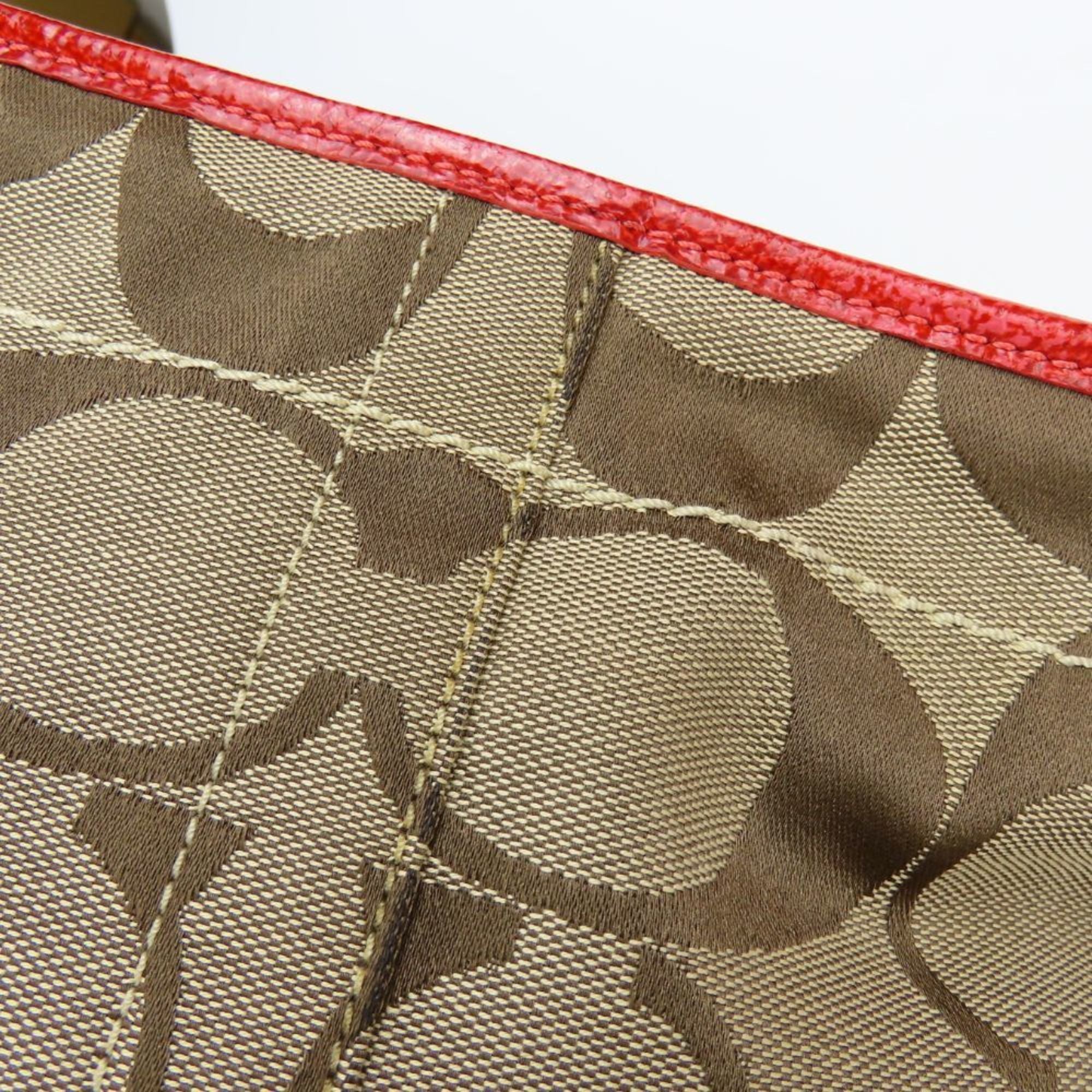 Coach Signature Beige Pink Red Color Canvas Leather Shoulder Bag (Pre-Owned)
