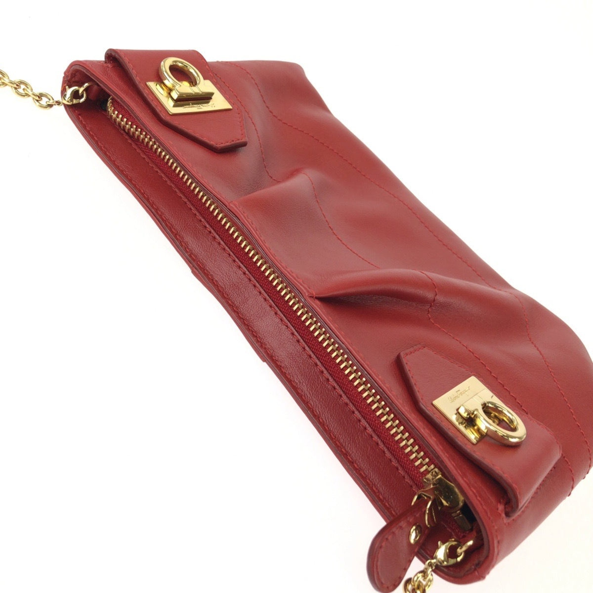 Salvatore Ferragamo Red Color Leather Clutch Bag Shoulder Bag (Pre-Owned)