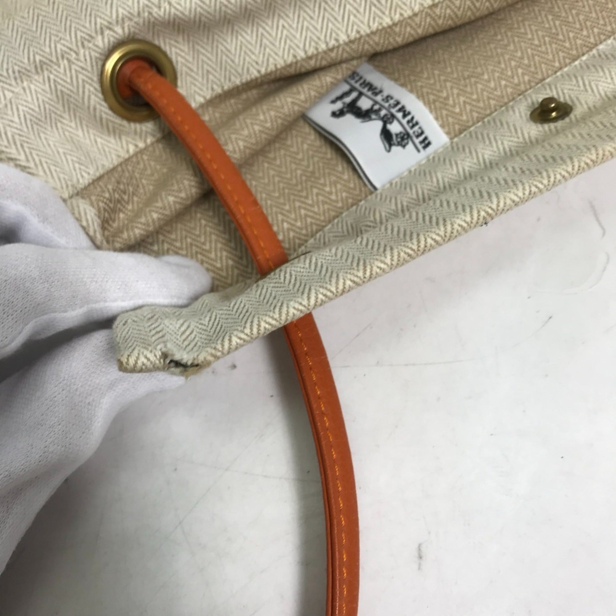 Hermes Beige Orange Canvas Leather Shoulder Bag (Pre-Owned)