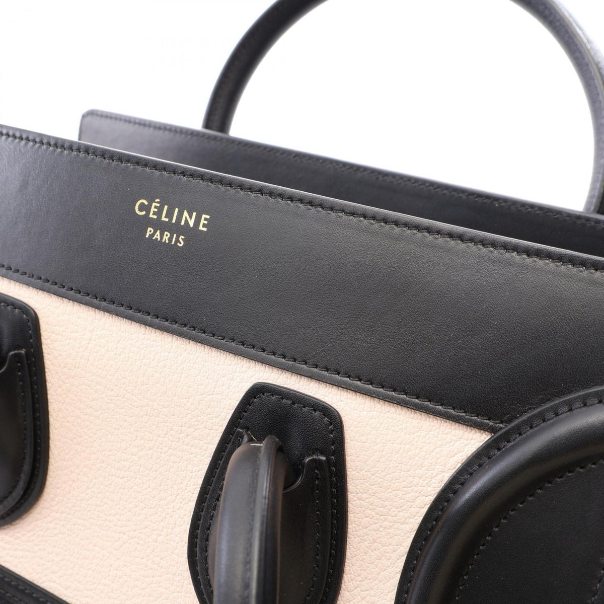 Celine Beige Black Ivory Leather Handbag Tote Bag (Pre-Owned)