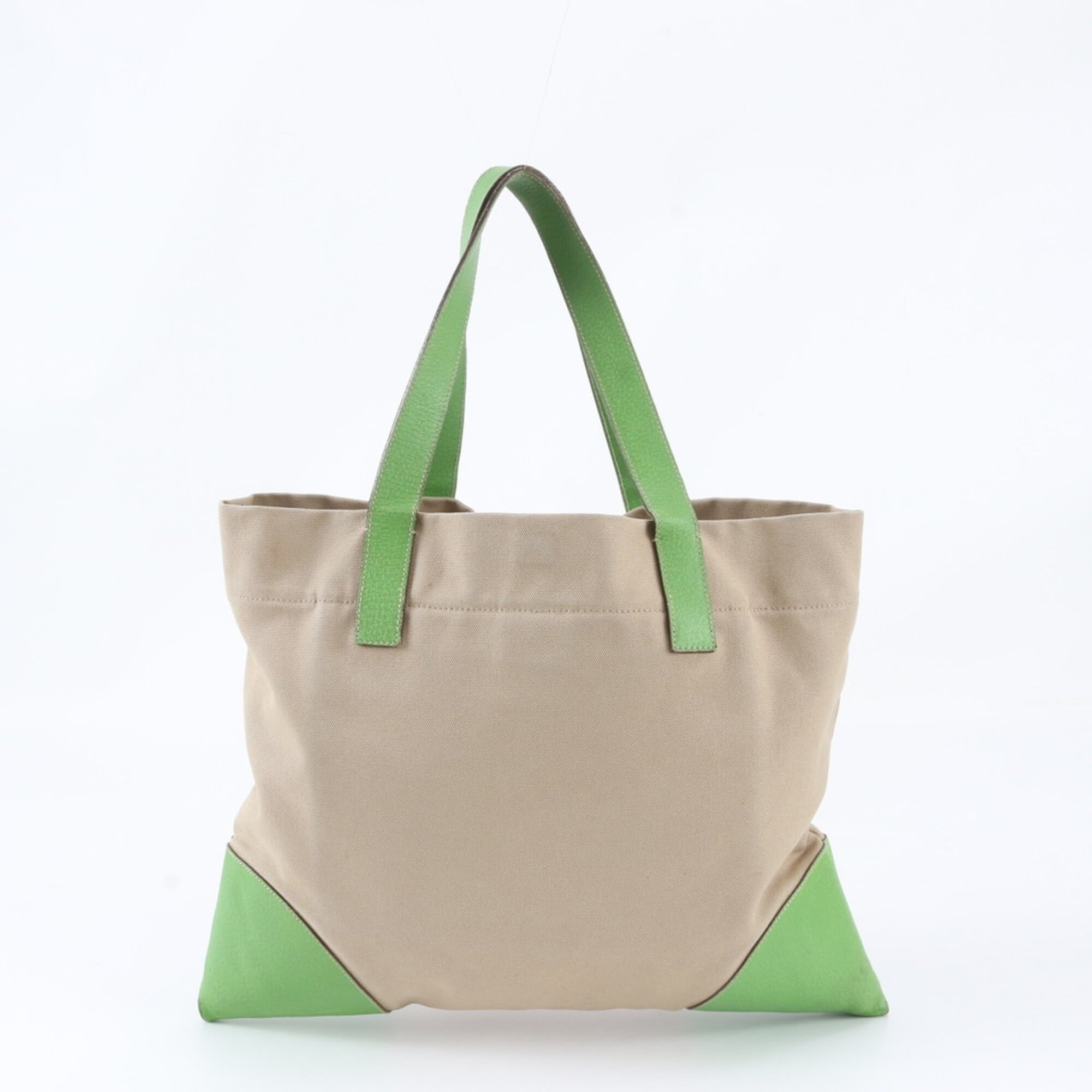 Prada Beige Green Canvas Leather Handbag Tote Bag (Pre-Owned)