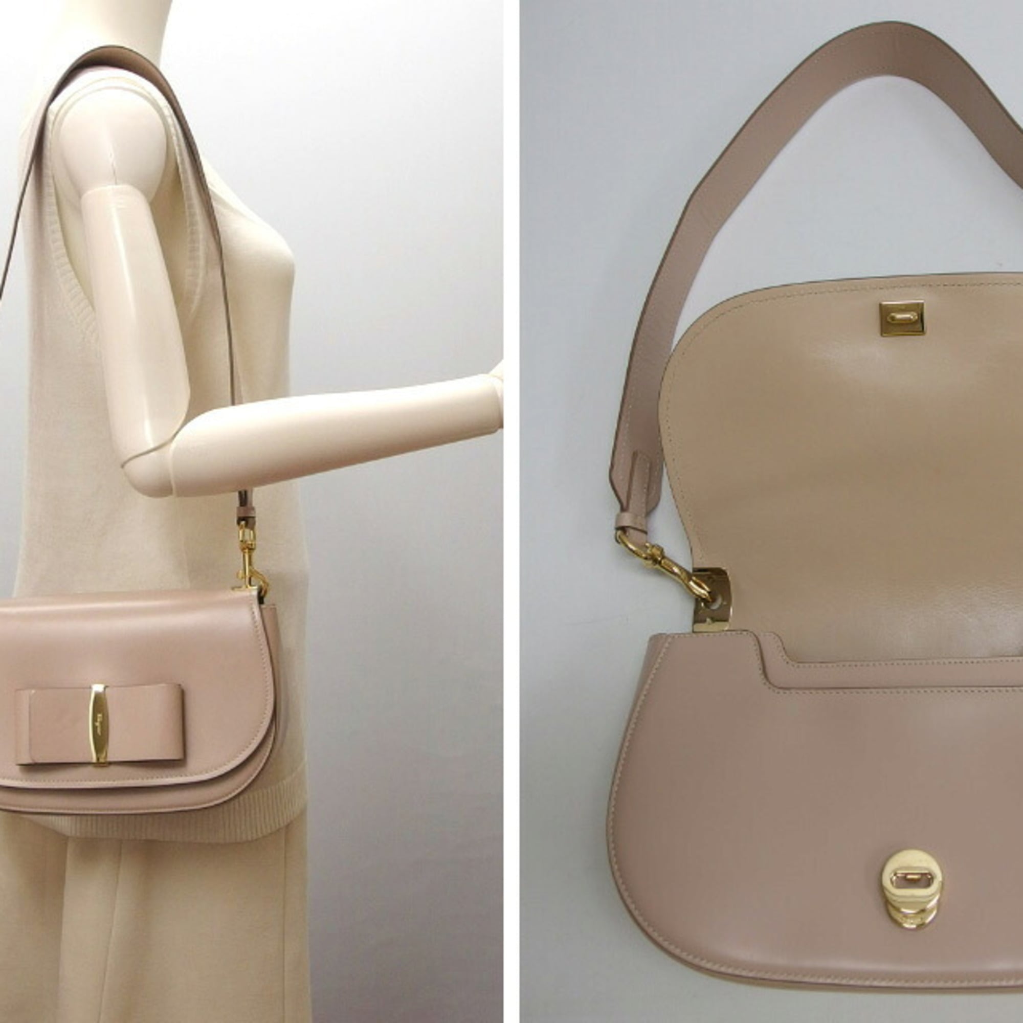 Salvatore Ferragamo Pink Beige Leather Clutch Bag Shoulder Bag (Pre-Owned)