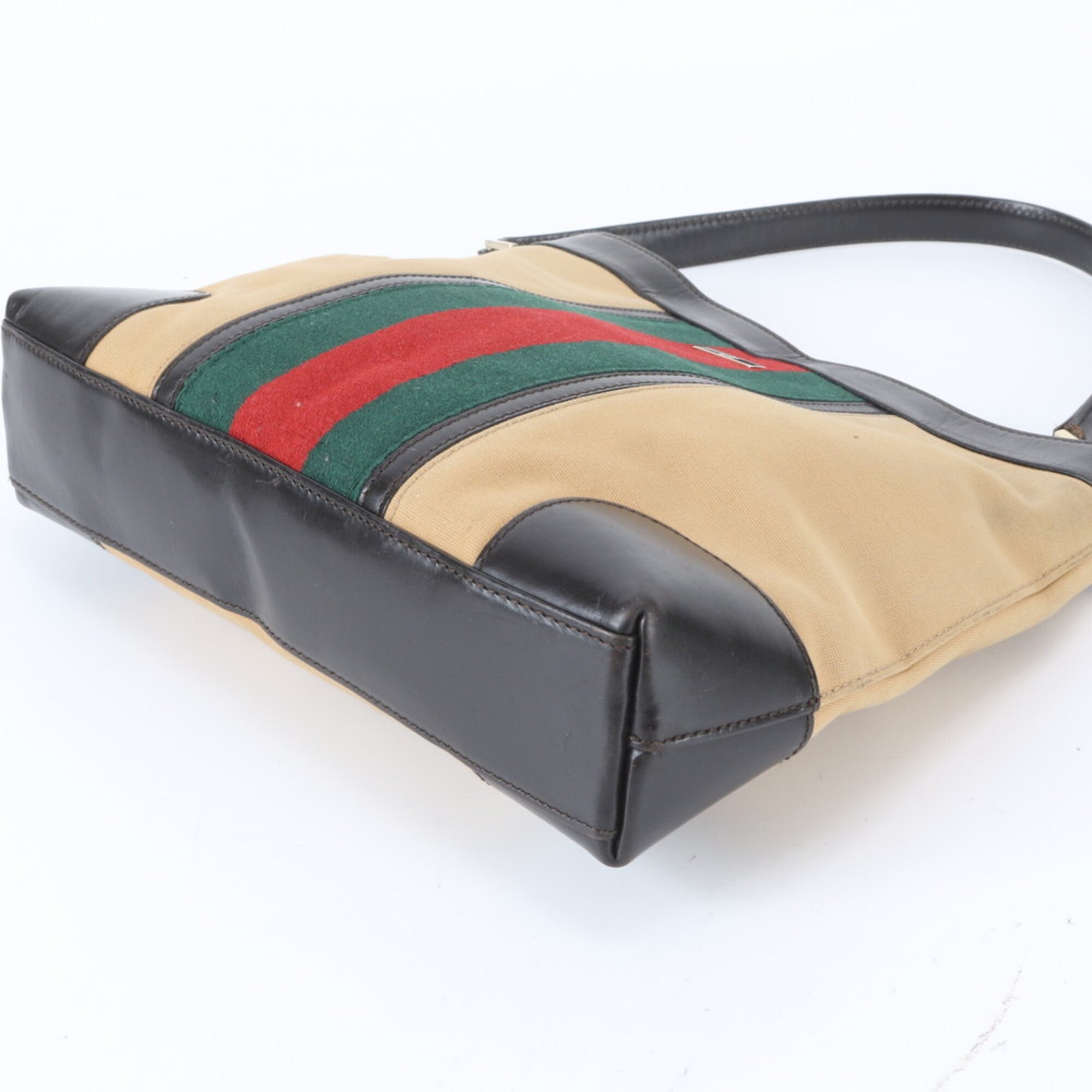 Gucci Sherry Line Beige Black Leather Canvas Handbag Shoulder Bag Tote Bag (Pre-Owned)