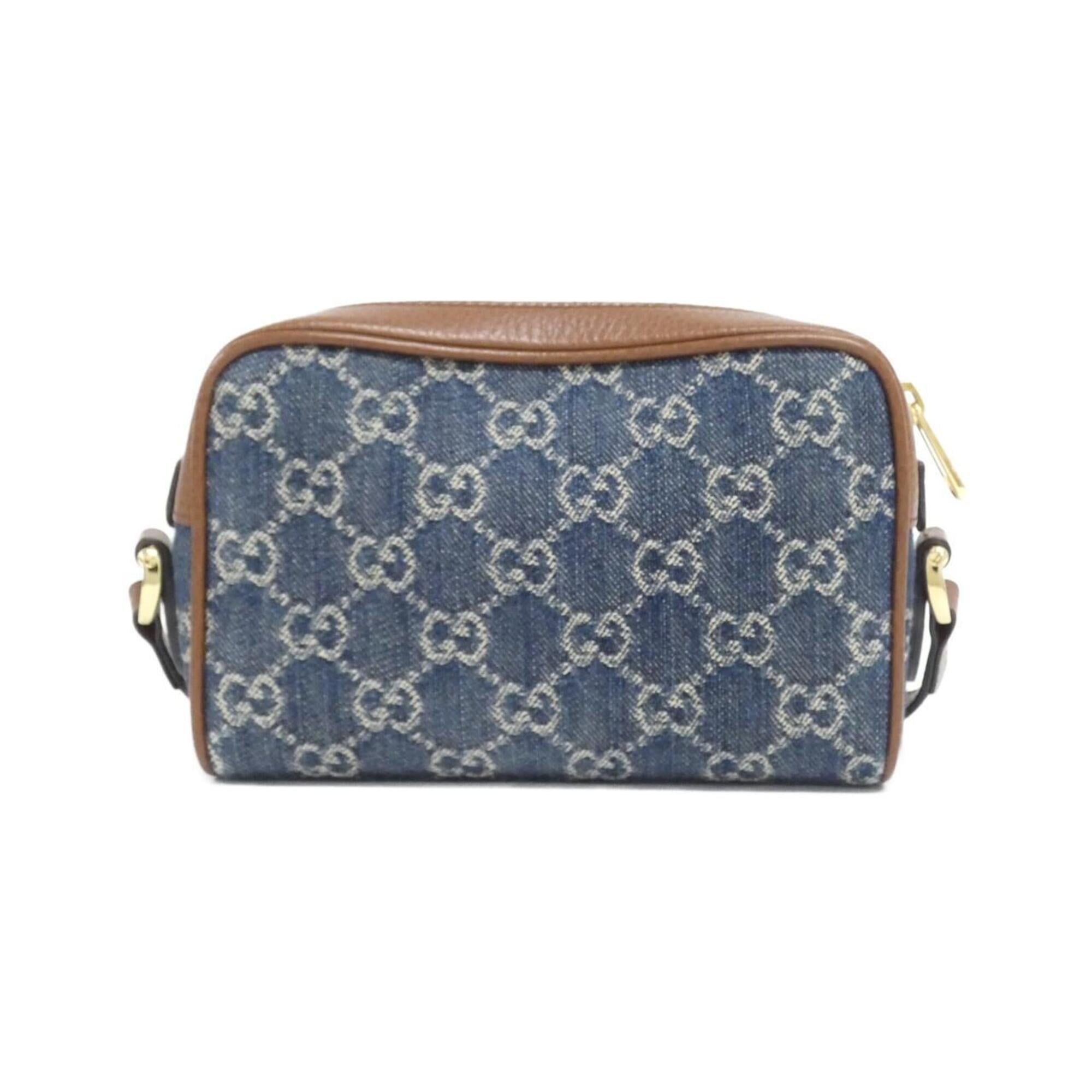 Gucci Brown Dark Blue Denim Leather Shoulder Bag (Pre-Owned)