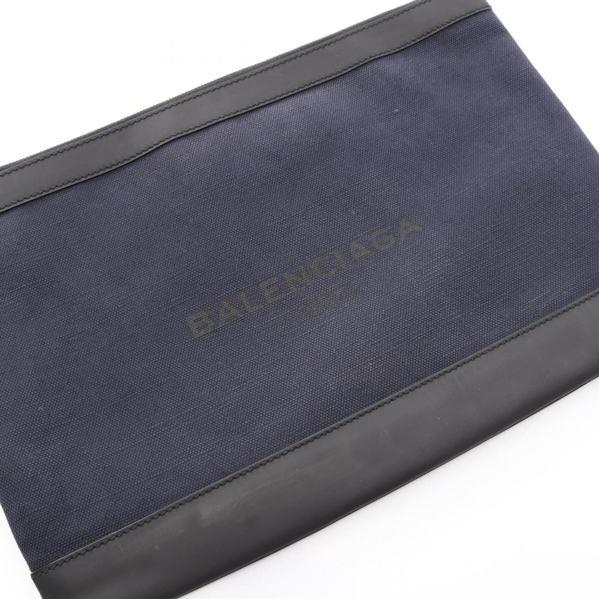 Balenciaga Black Navy Canvas Leather Clutch Bag Handbag (Pre-Owned)