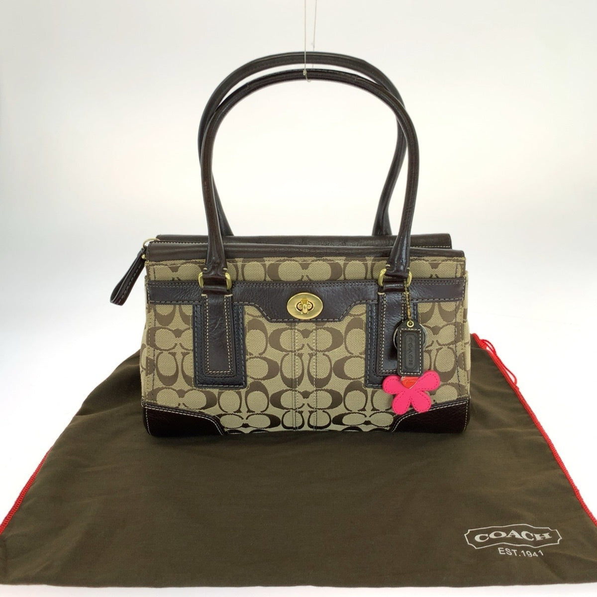 Coach Beige Dark Brown Canvas Leather Handbag Tote Bag (Pre-Owned)