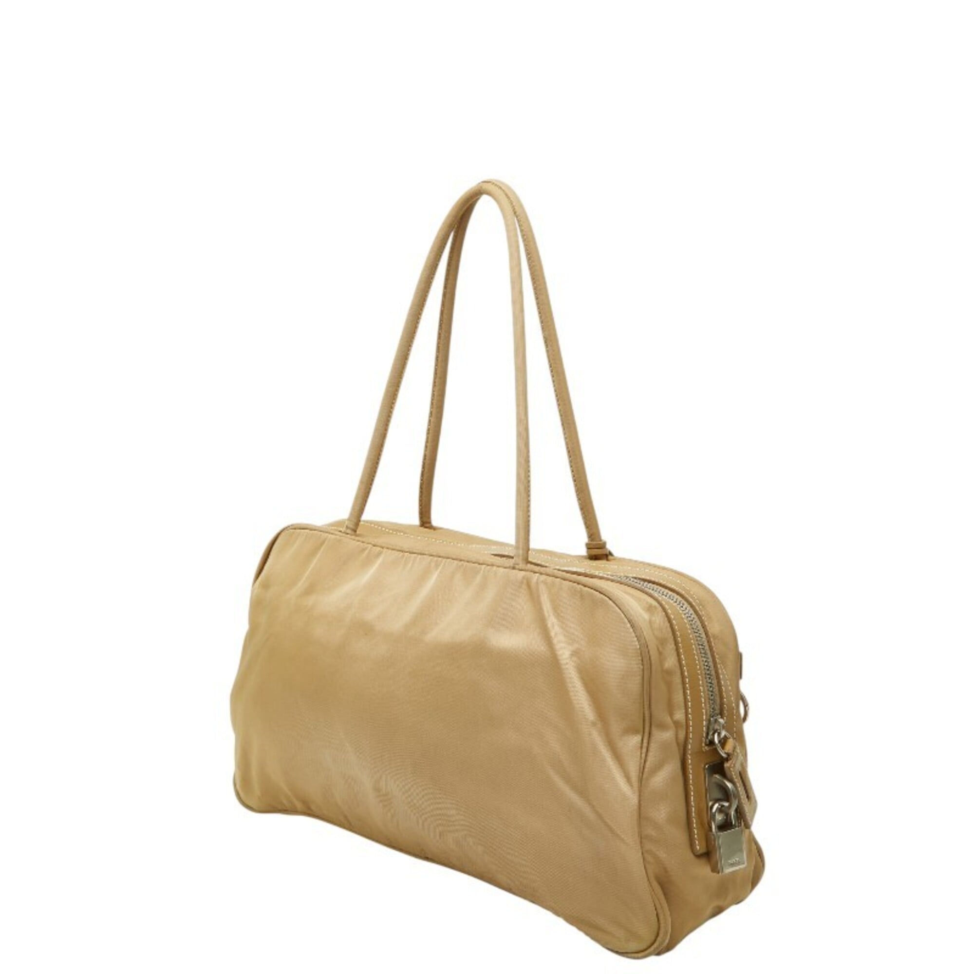 Prada Beige Nylon Leather Handbag Shoulder Bag (Pre-Owned)