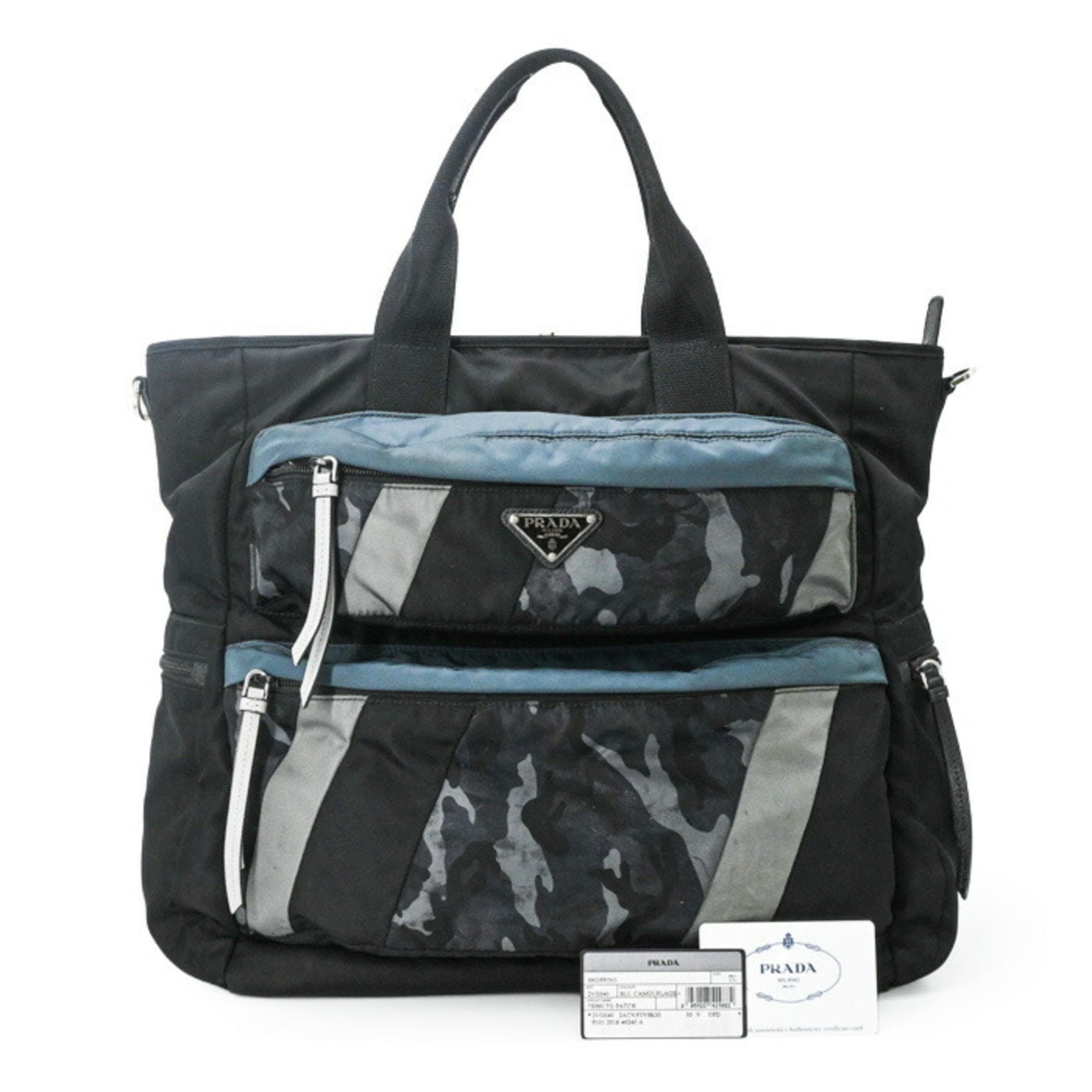 Prada Black Blue Canvas Handbag Tote Bag (Pre-Owned)