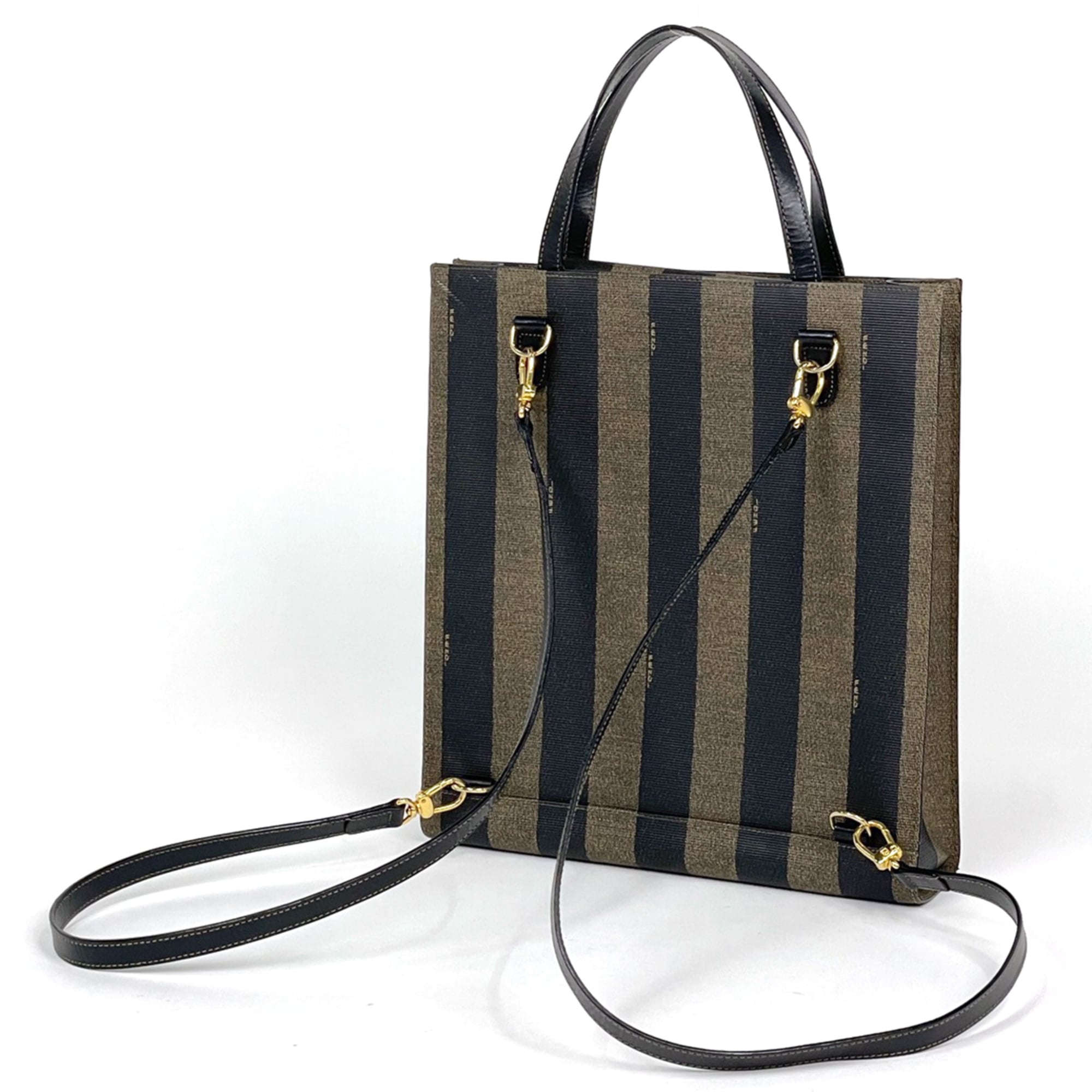 Fendi Pequin Black Brown Coated Canvas Leather Handbag (Pre-Owned)
