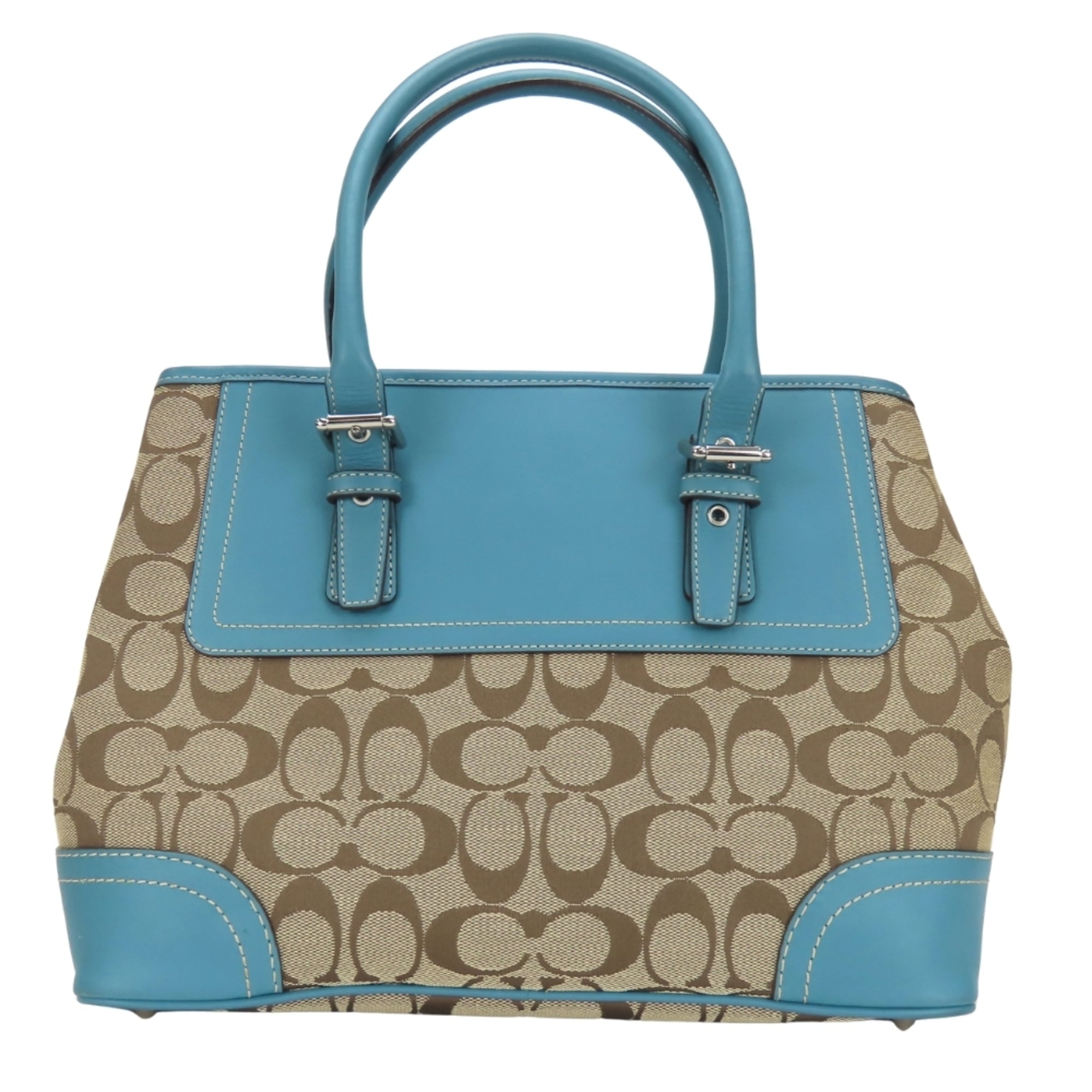 Coach Beige Blue Signature Line Canvas Leather Handbag (Pre-Owned)