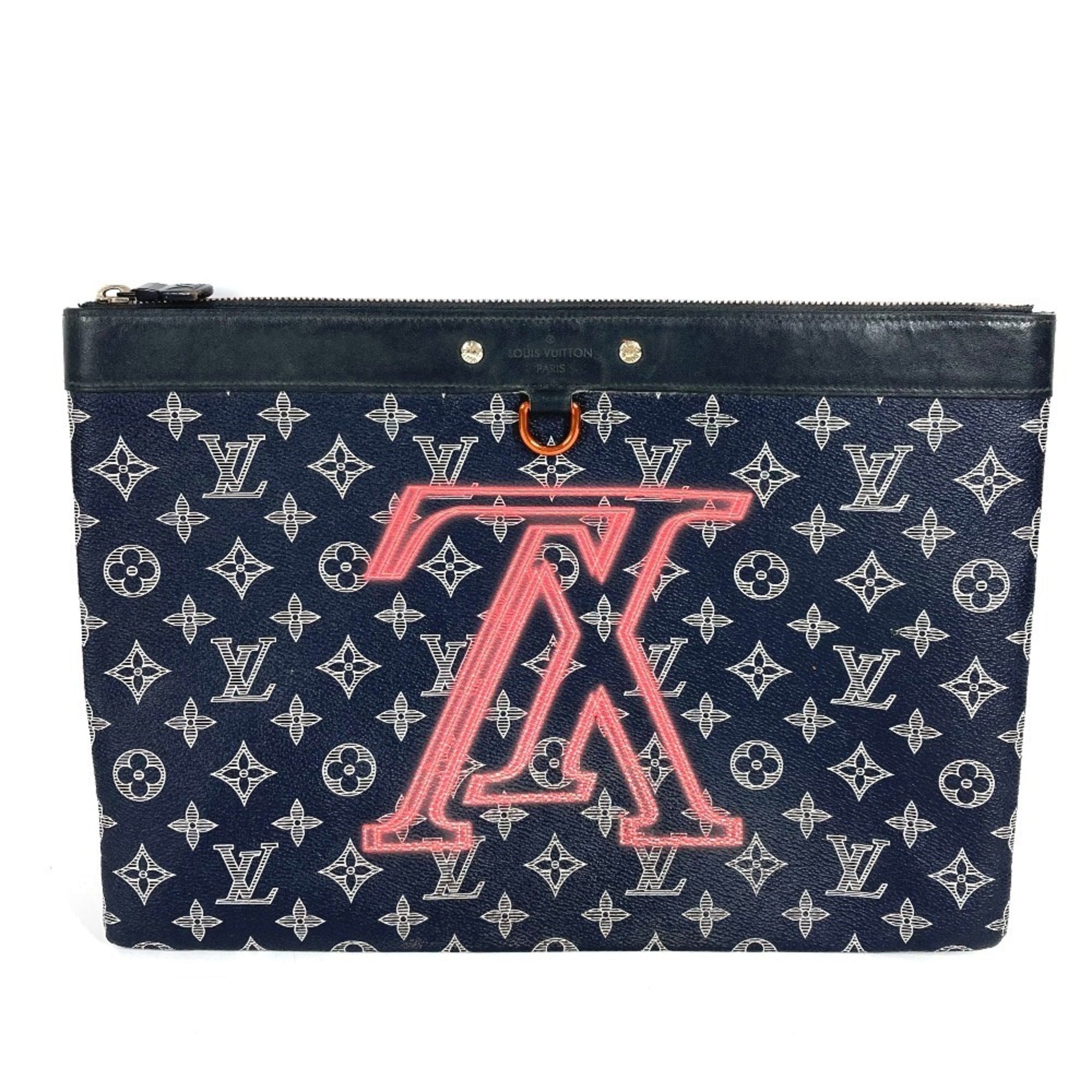 Louis Vuitton Navy Red Color Monogram Clutch Bag Handbag Pochette Pouch (Pre-Owned)