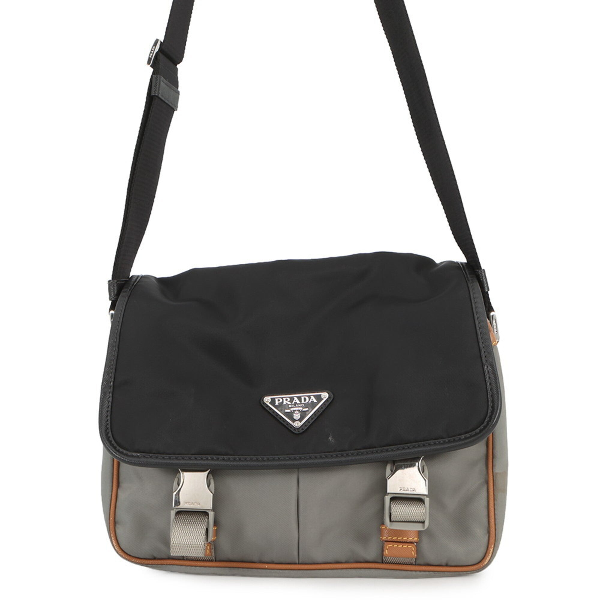 Prada Black Gray Brown Nylon Leather Handbag Shoulder Bag (Pre-Owned)