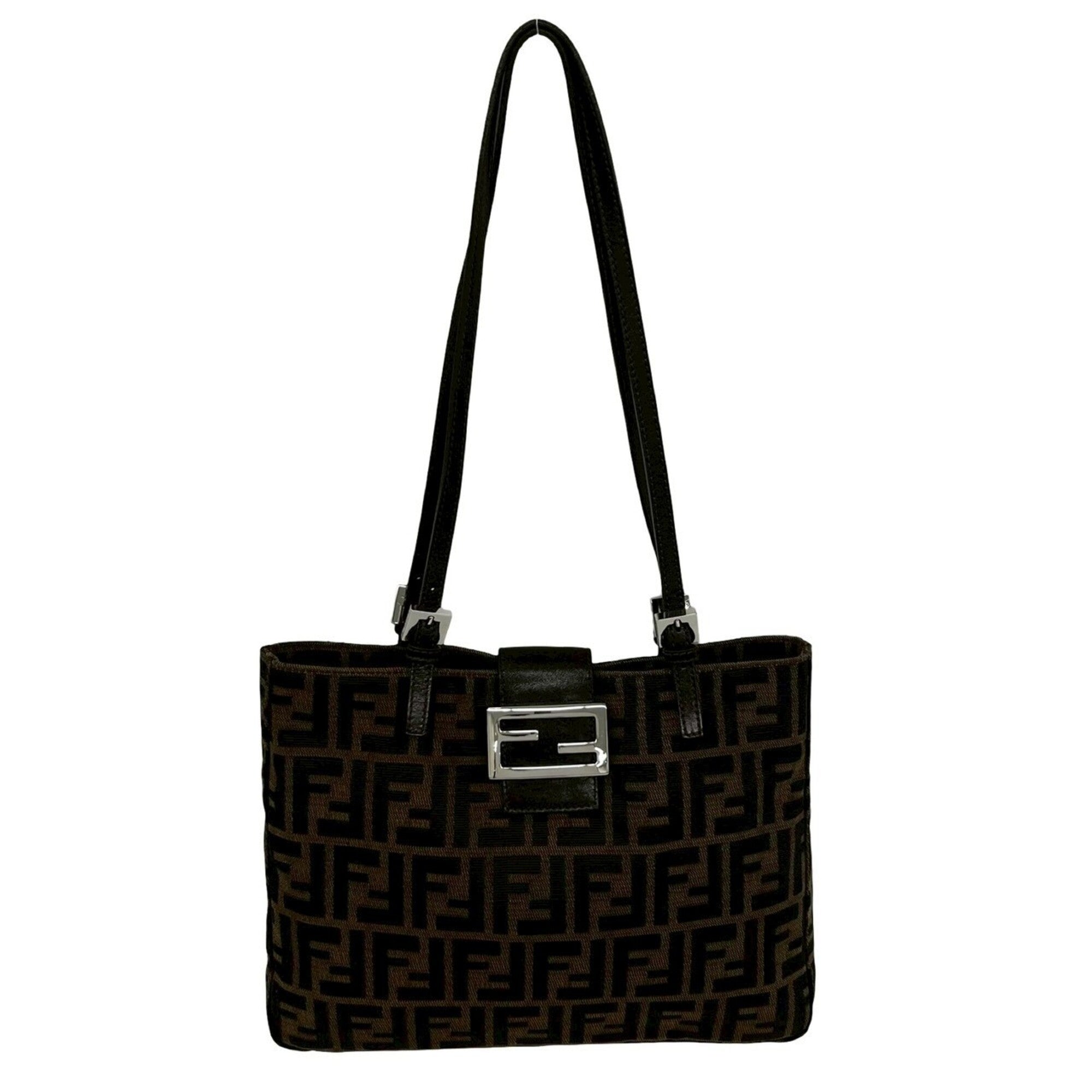 Fendi Black Brown Canvas Leather Shoulder Bag Tote Bag (Pre-Owned)