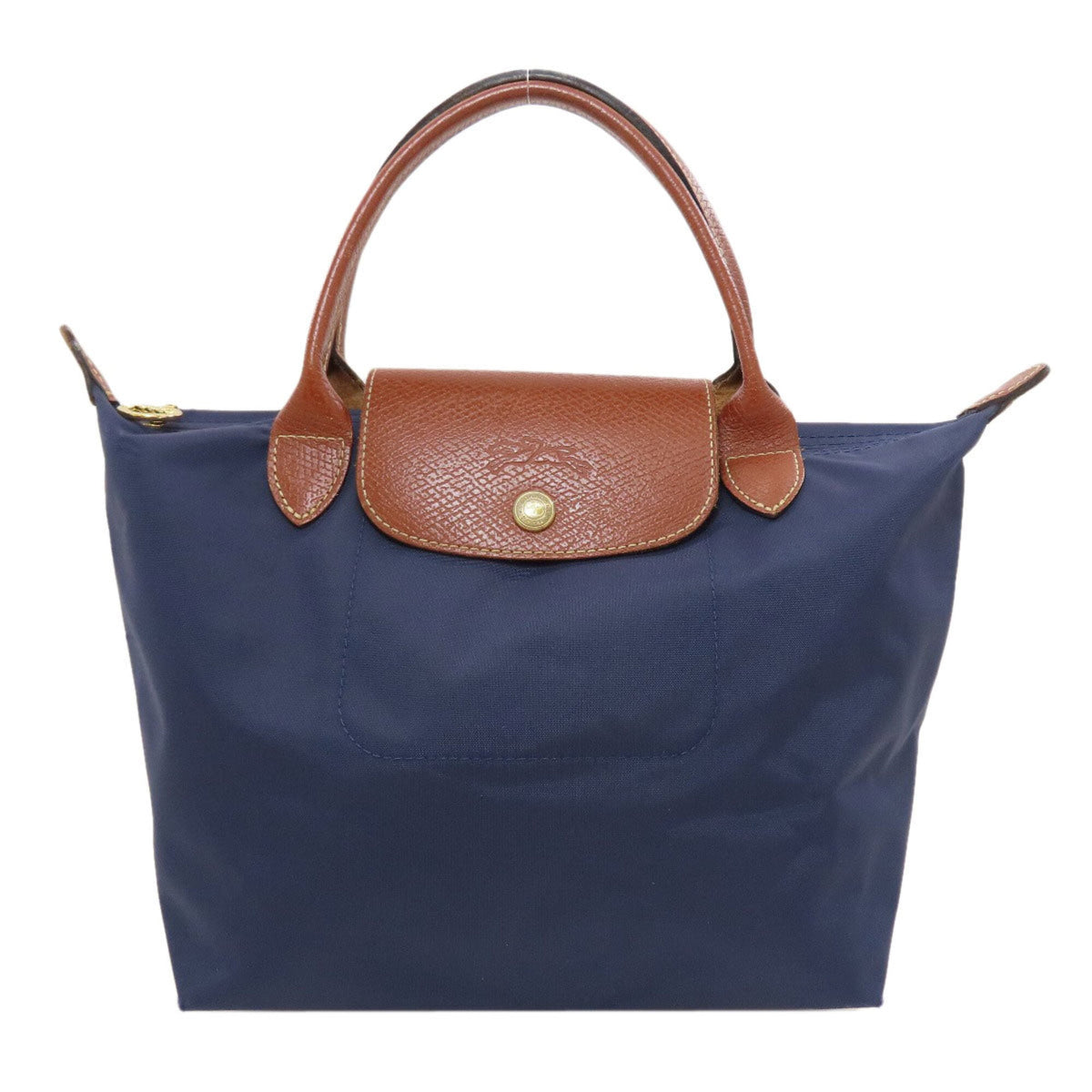 Longchamp Brown Navy Nylon Leather Handbag (Pre-Owned)