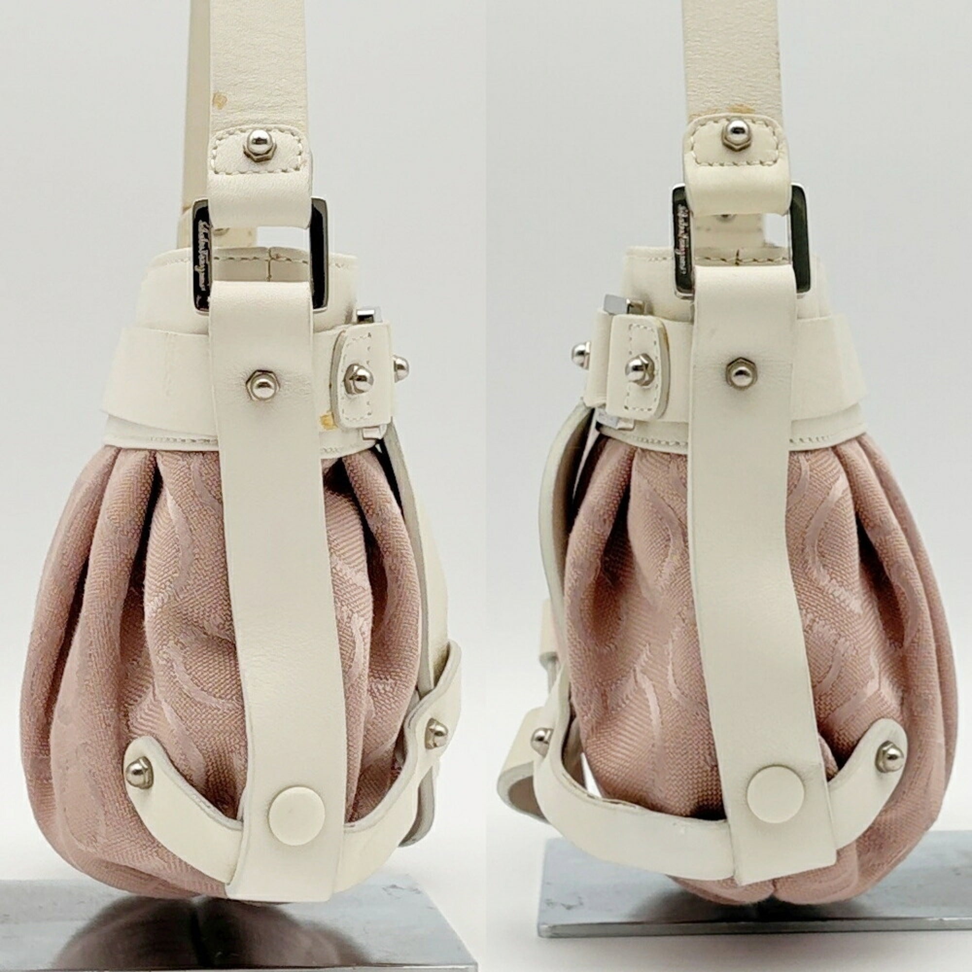 Salvatore Ferragamo Pink White Canvas Leather Shoulder Bag (Pre-Owned)