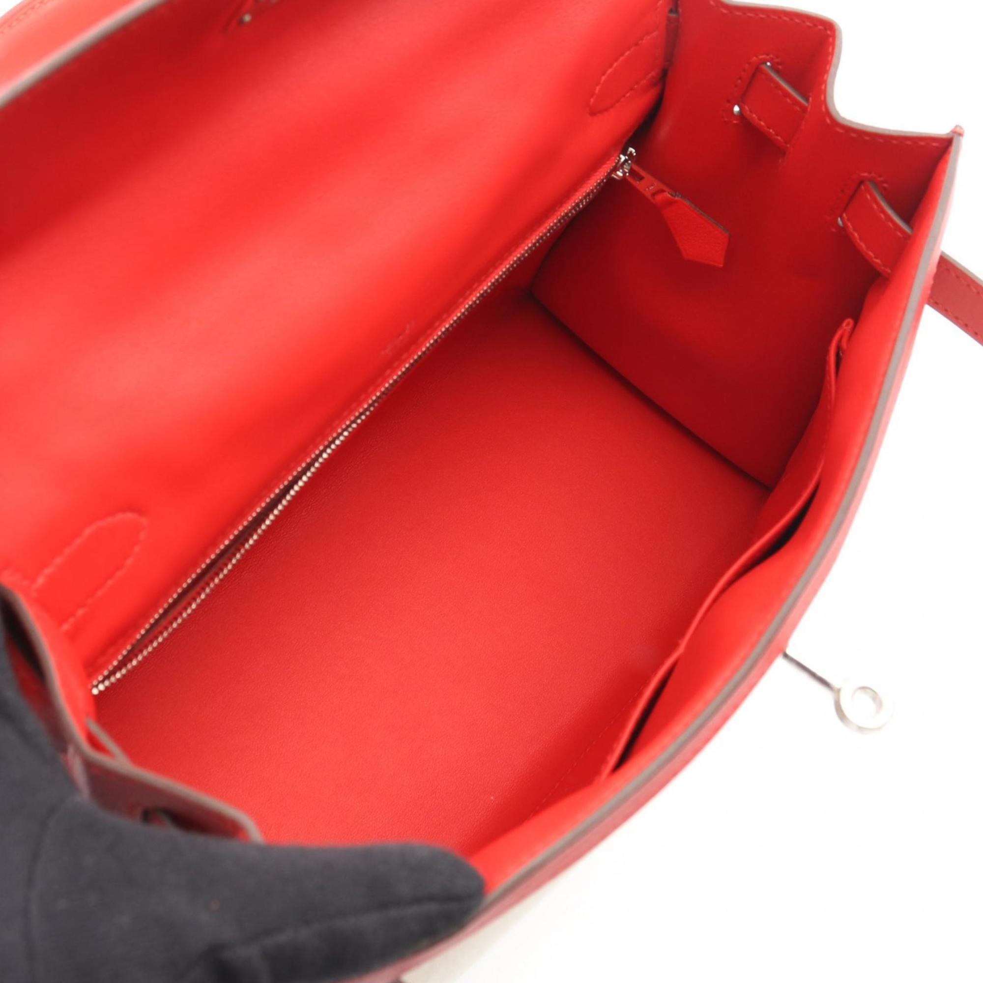 Hermes Beige Ecru Red Color Canvas Toile H Leather Swift Leather Handbag (Pre-Owned)
