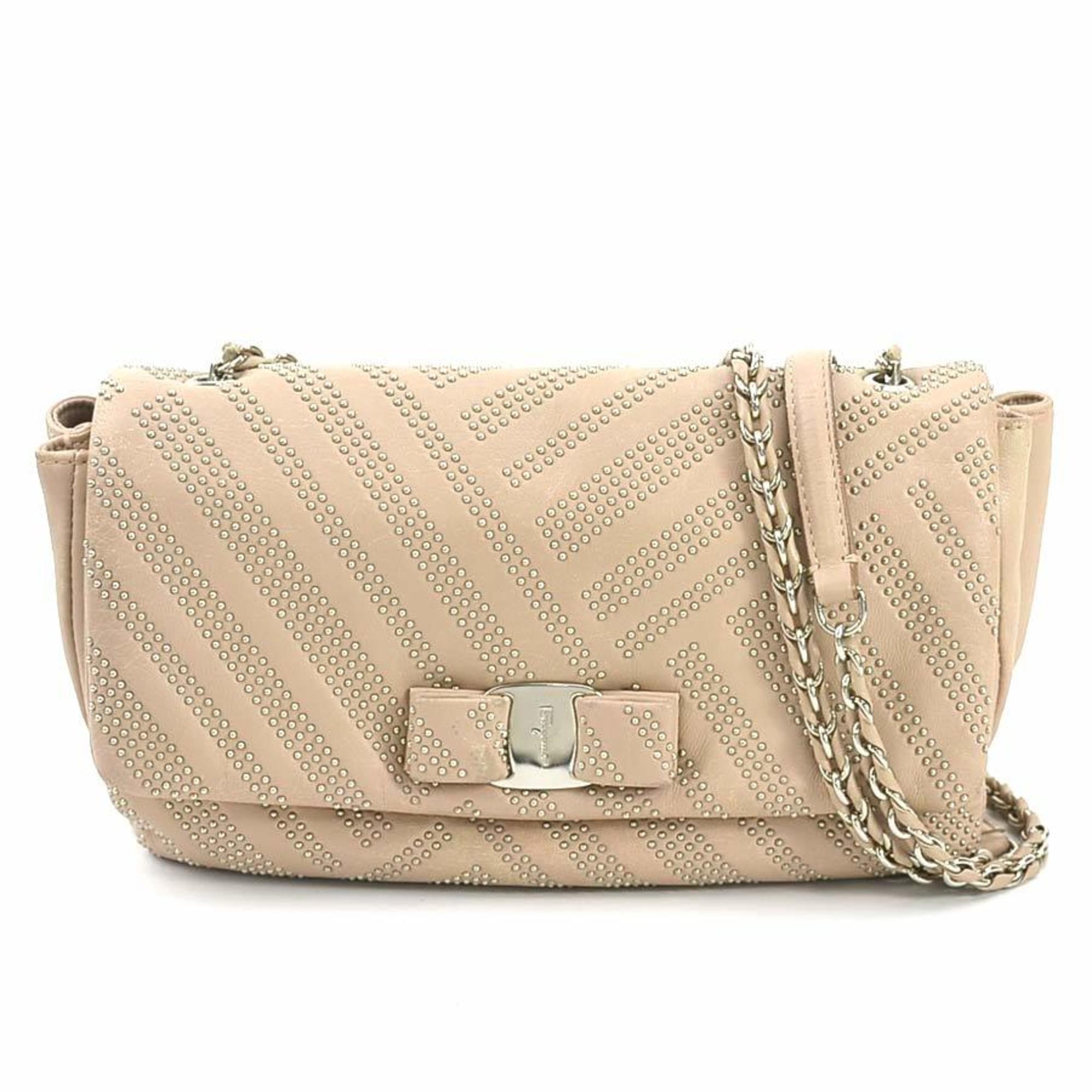 Salvatore Ferragamo Pink Beige Leather Metal Shoulder Bag (Pre-Owned)