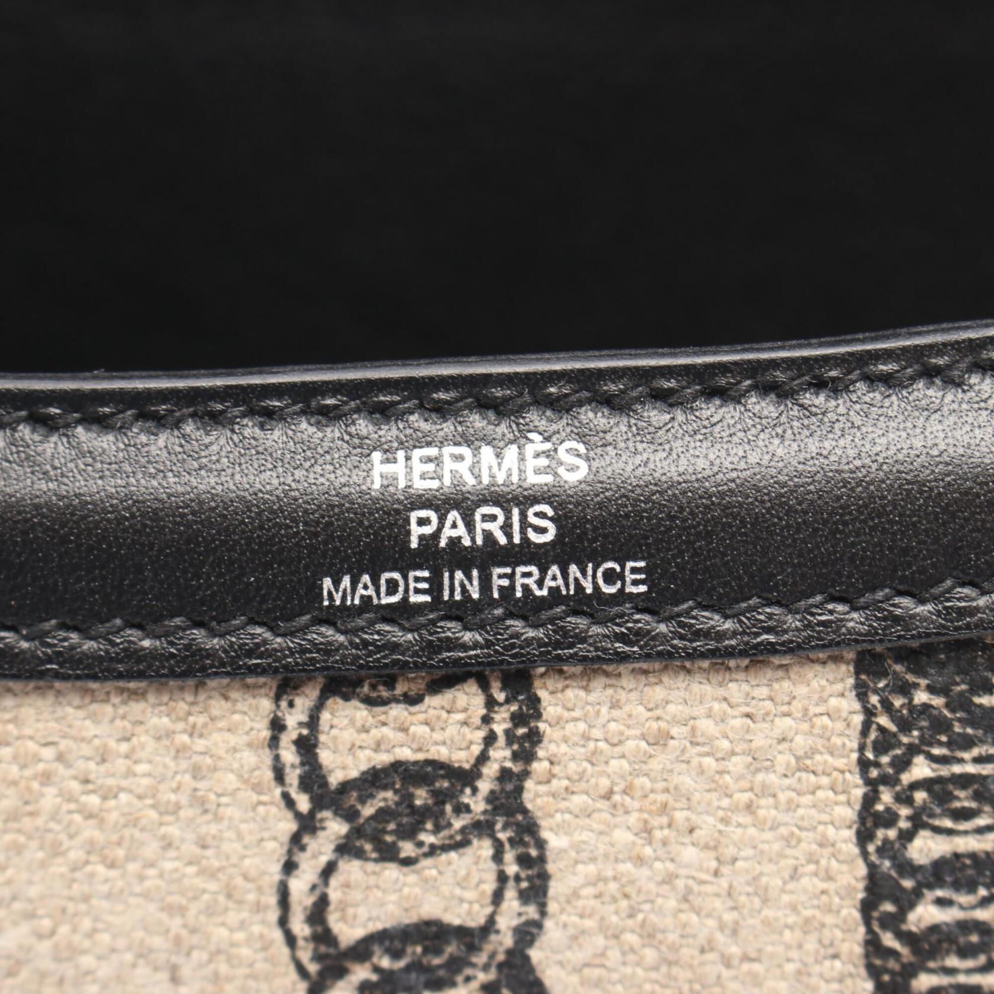 Hermes Beige Black Canvas Leather Swift Leather Handbag Shoulder Bag (Pre-Owned)
