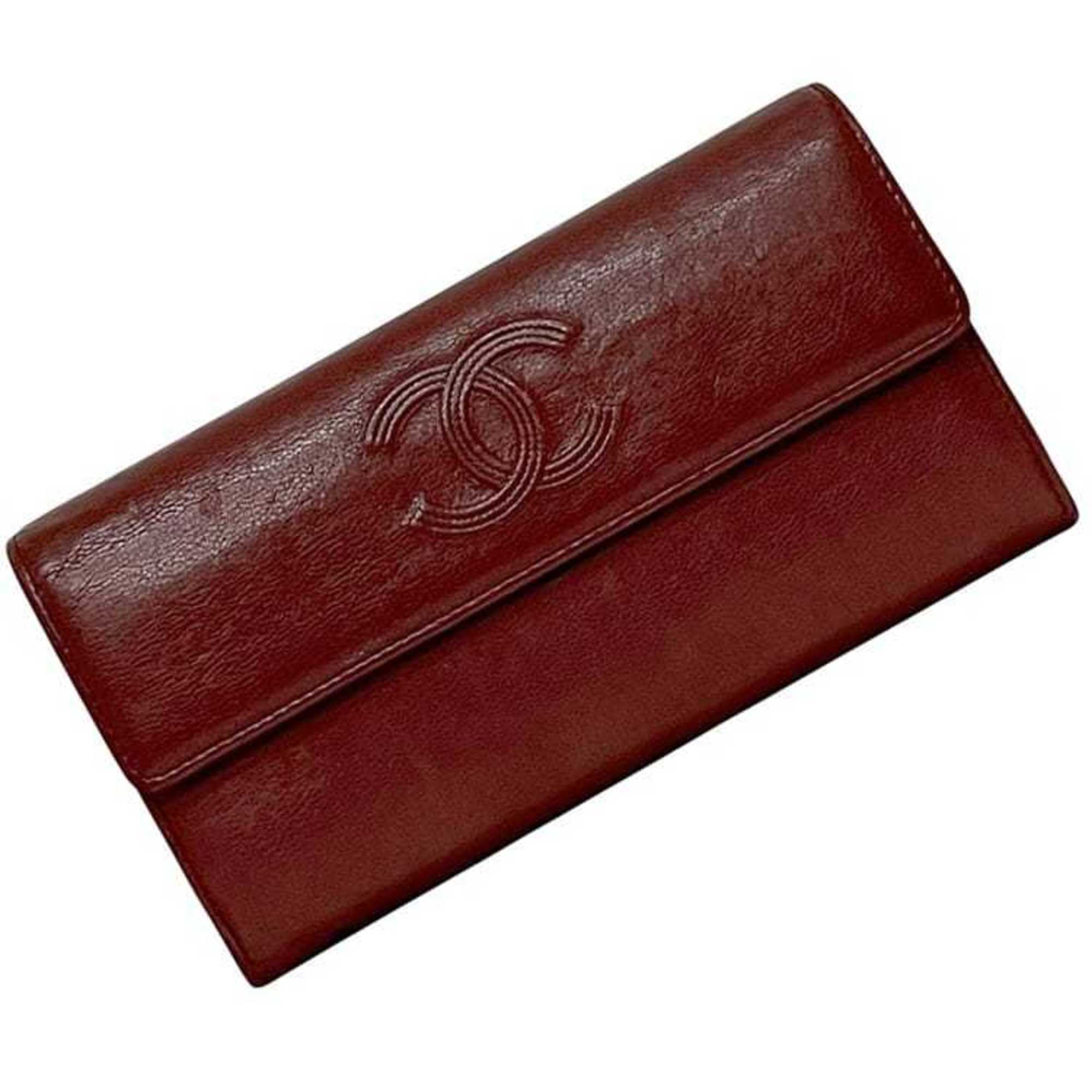 Chanel Bordeaux Leather Long Wallet (Bi-Fold) (Pre-Owned)