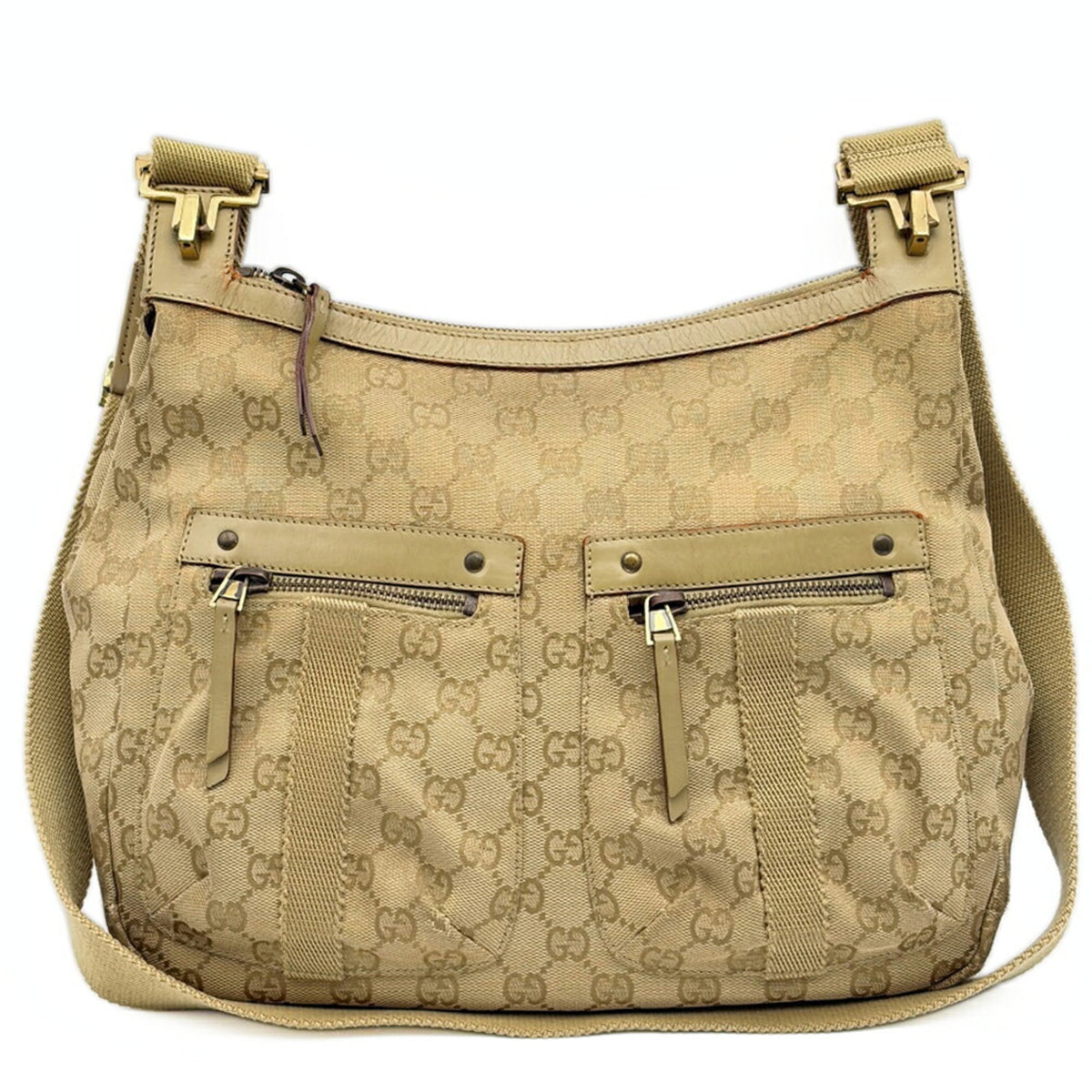 Gucci Gg Canvas Beige Gg Canvas Leather Shoulder Bag (Pre-Owned)