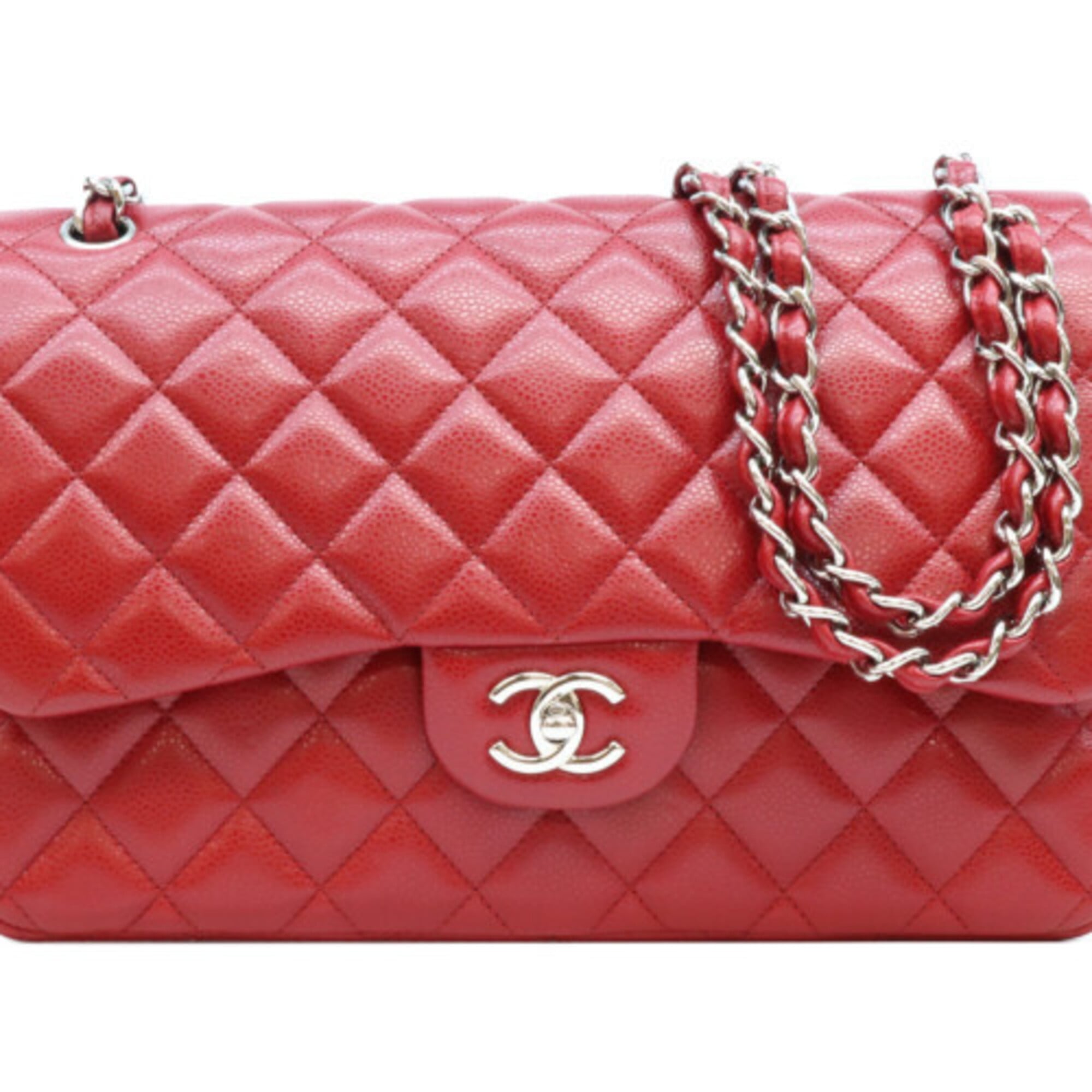 Chanel Red Color Grained Calfskin Shoulder Bag (Pre-Owned)